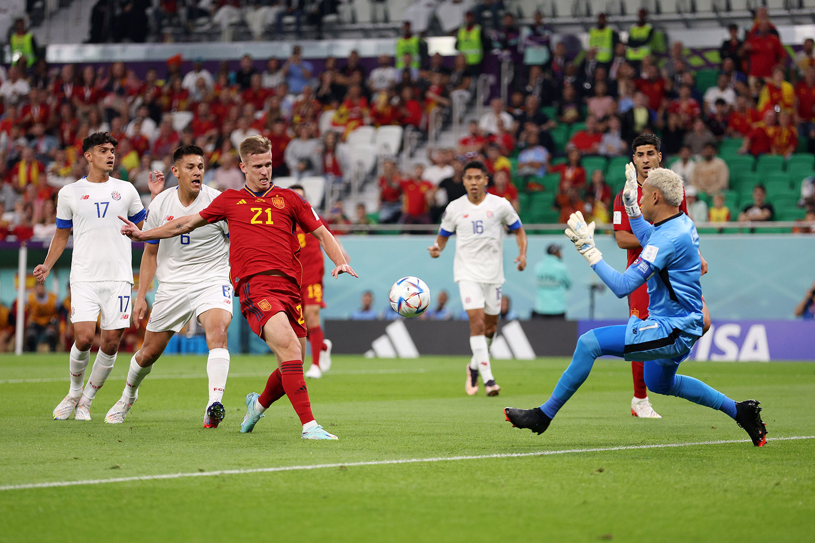 Dani Olmo of Spain scores their team's first goal during the match against Costa Rica on November 23.