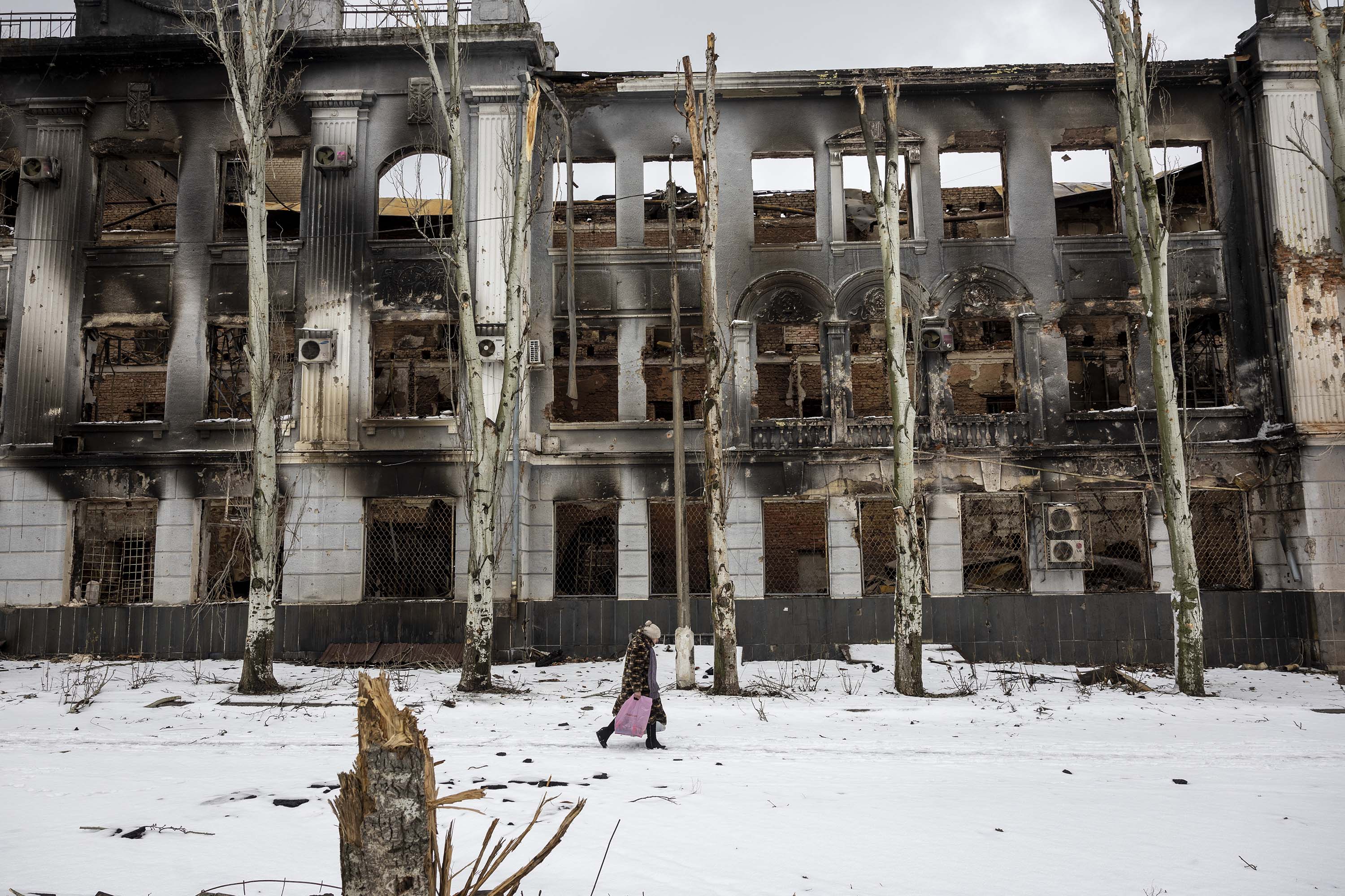 A person walks through a nearly deserted downtown area of Bakhmut, Ukraine, on February 14. 