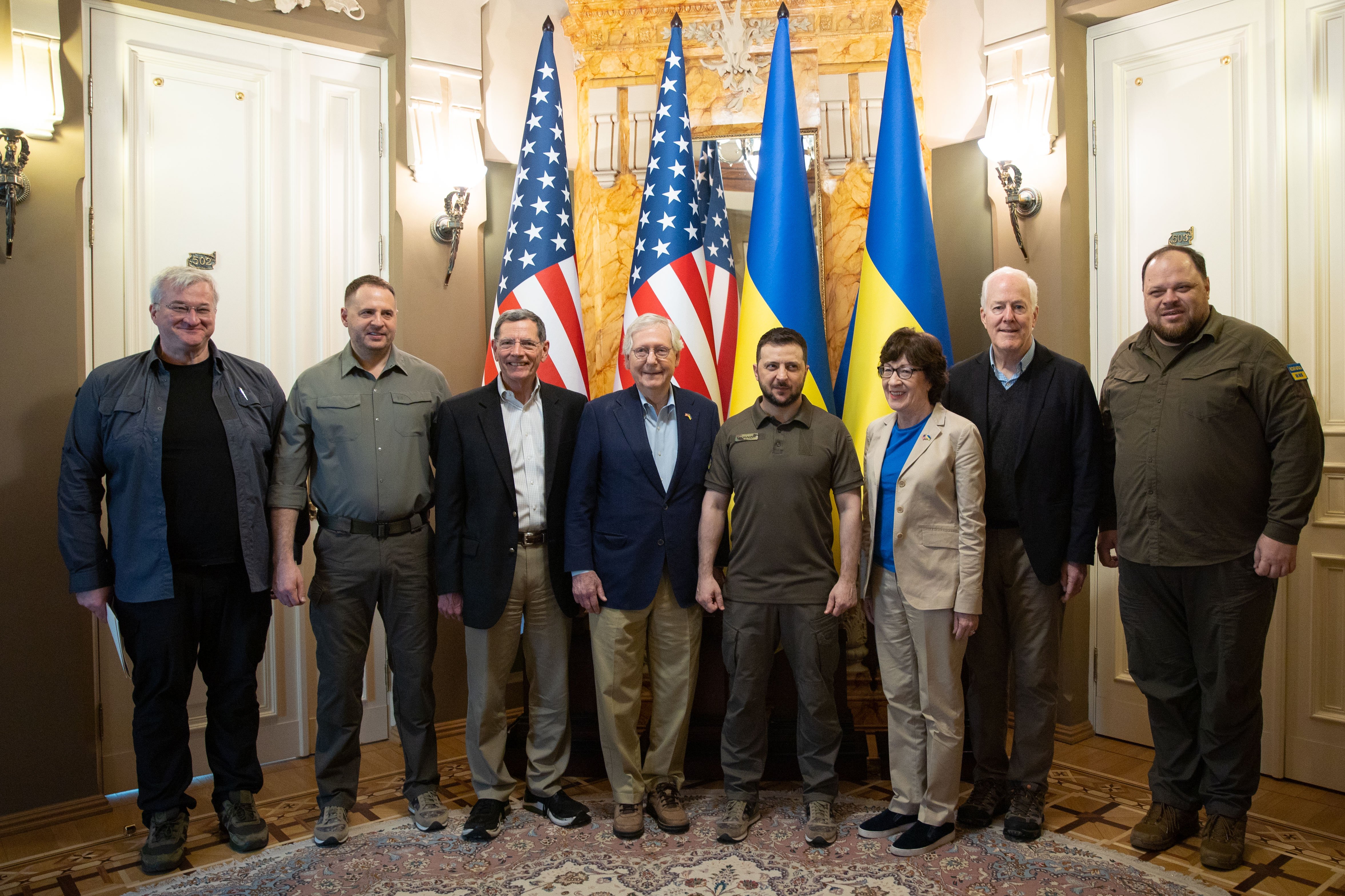 Ukrainian President Volodymyr Zelensky meets with the US Senate delegation led by Senate Minority Leader Mitch McConnell in Kyiv, Ukraine, on May 14. 