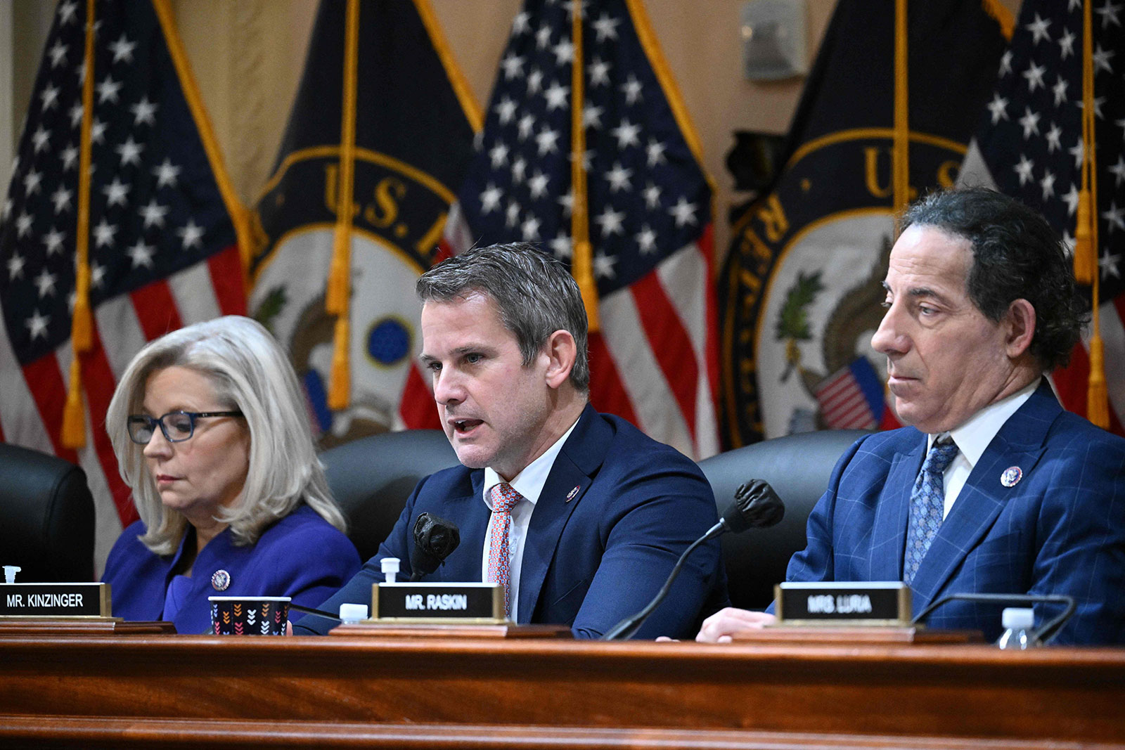 Rep. Adam Kinzinger, center, speaks during the last hearing of the House select committee on Monday. 