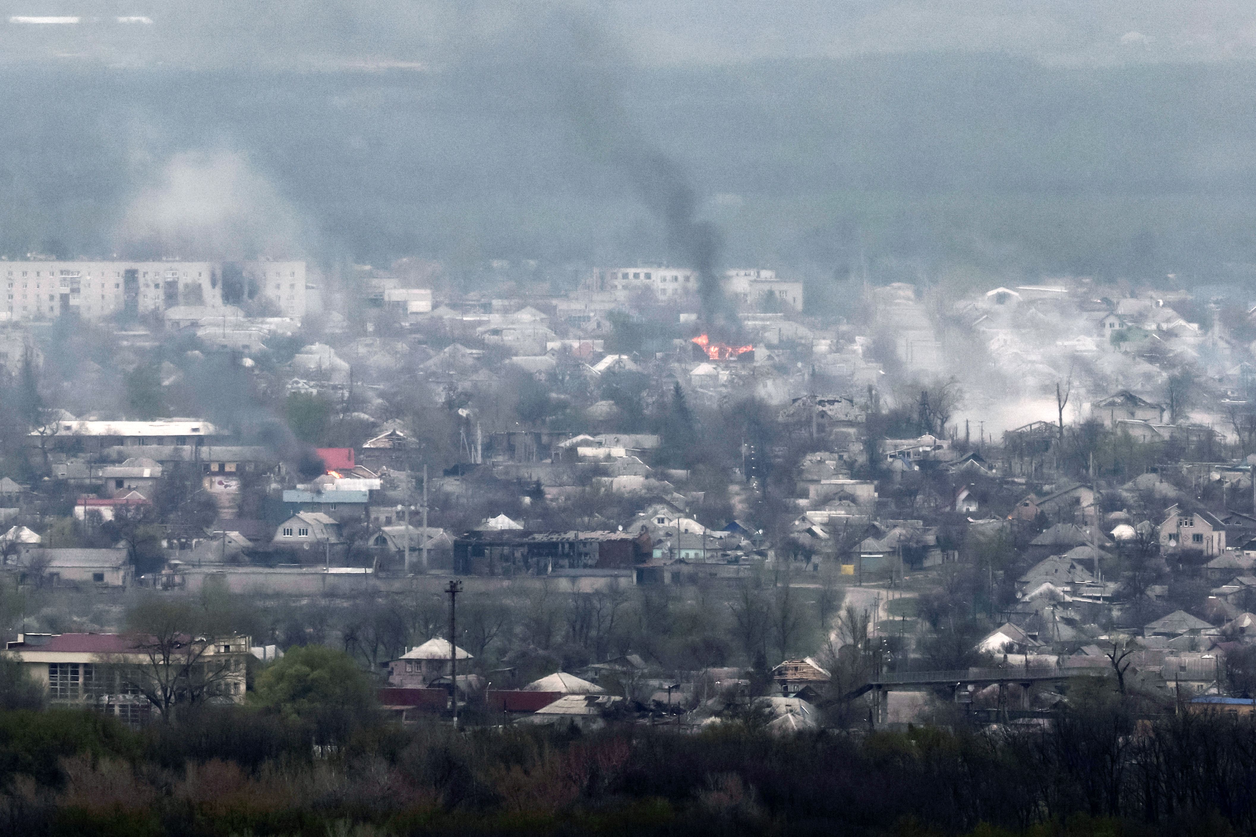 Smoke rises above the city skyline in Rubizhne, Ukraine, on April 18.