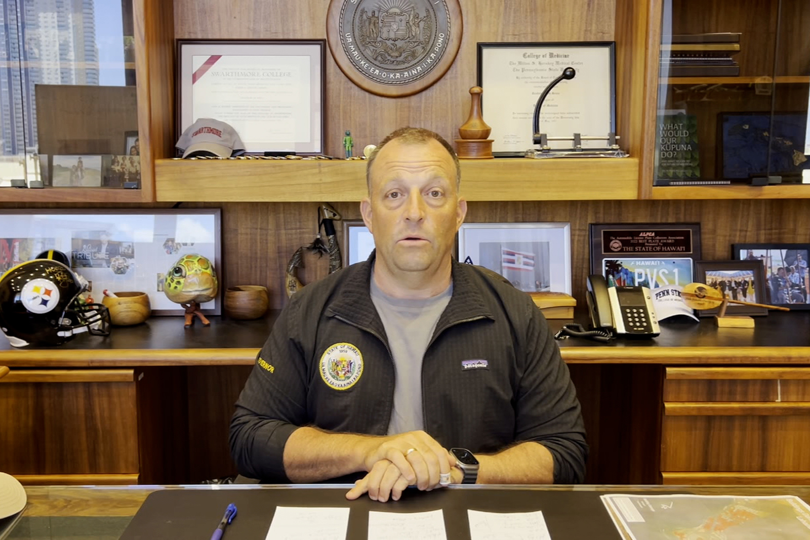 Gov. Josh Green speaks in a video statement in Honolulu, Hawaii on August 13, 2023.