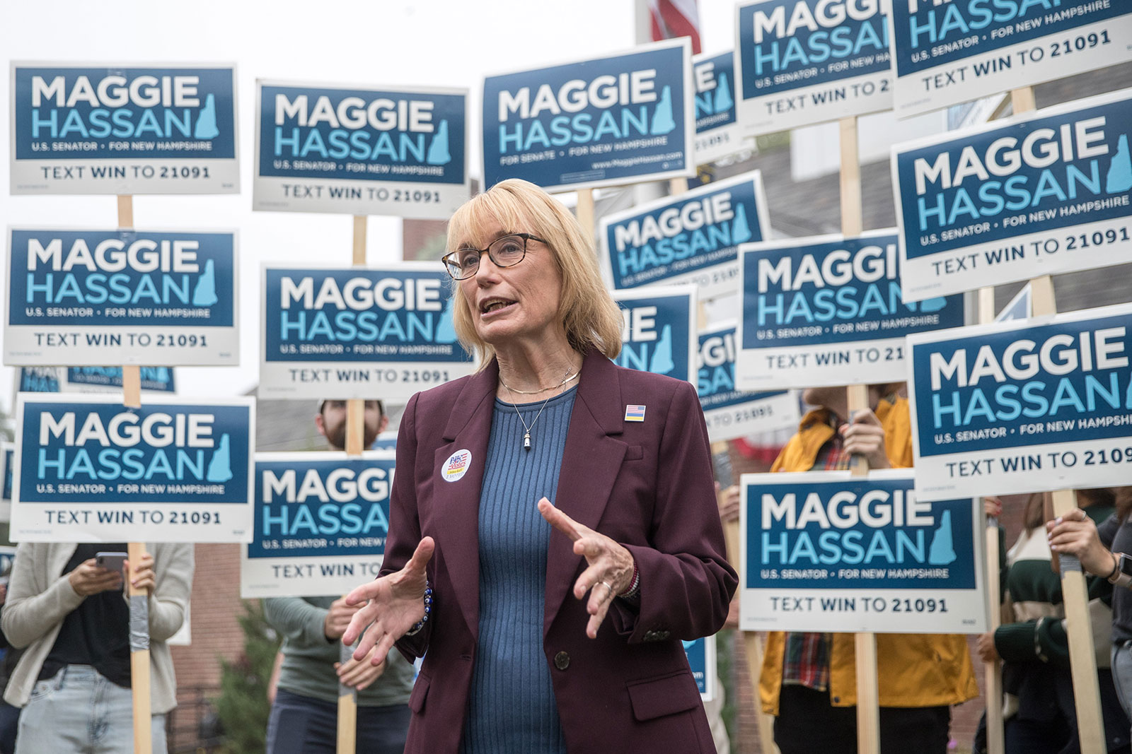 Maggie Hassan speaks to media after casting her vote in Newfields, New Hampshire on Tuesday. 