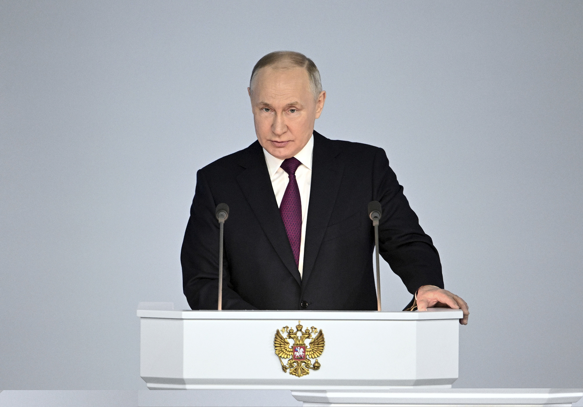 Russian President Vladimir Putin delivers his annual address to the Federal Assembly, including lawmakers of the State Duma, members of the Federation Council, regional governors and other officials, in Moscow, Russia, on February 20.
