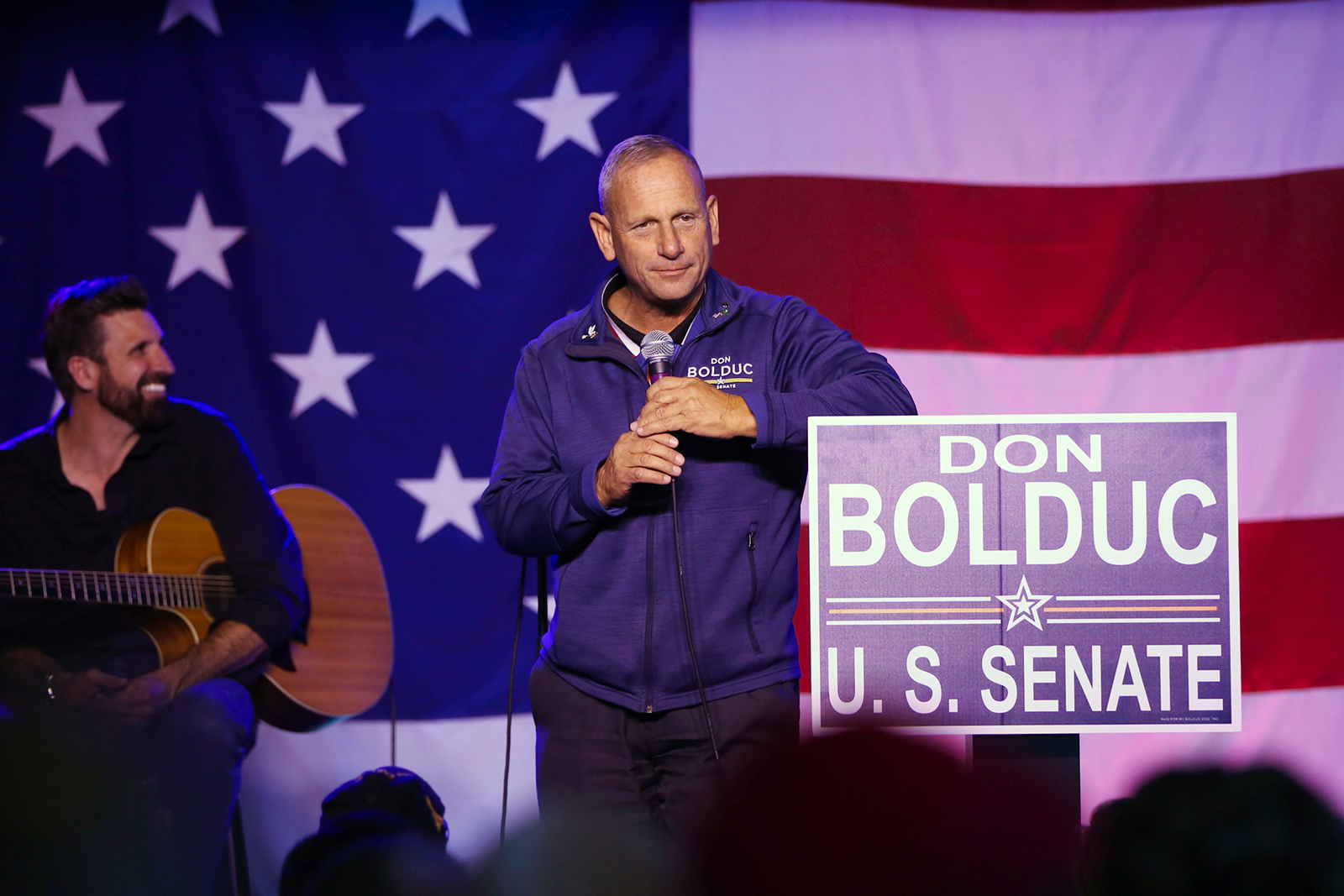 Don Bolduc greets the crowd before results are announced, in Manchester, New Hampshire, on November 8.