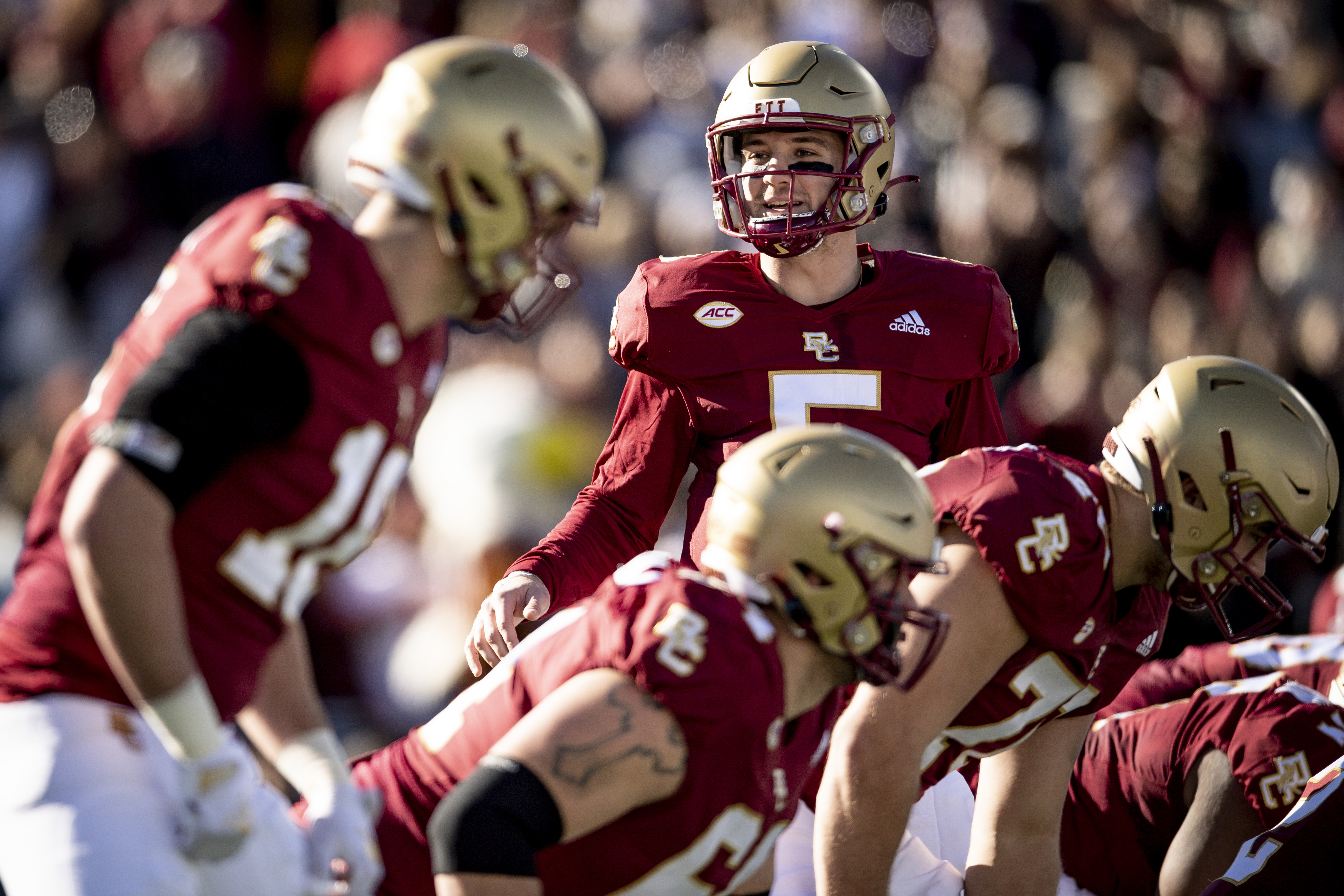 Phil Jurkovec #5 of the Boston College Eagles looks on during the first half against the Florida State Seminoles at Alumni Stadium on November 20, 2021 in Chestnut Hill, Massachusetts. 