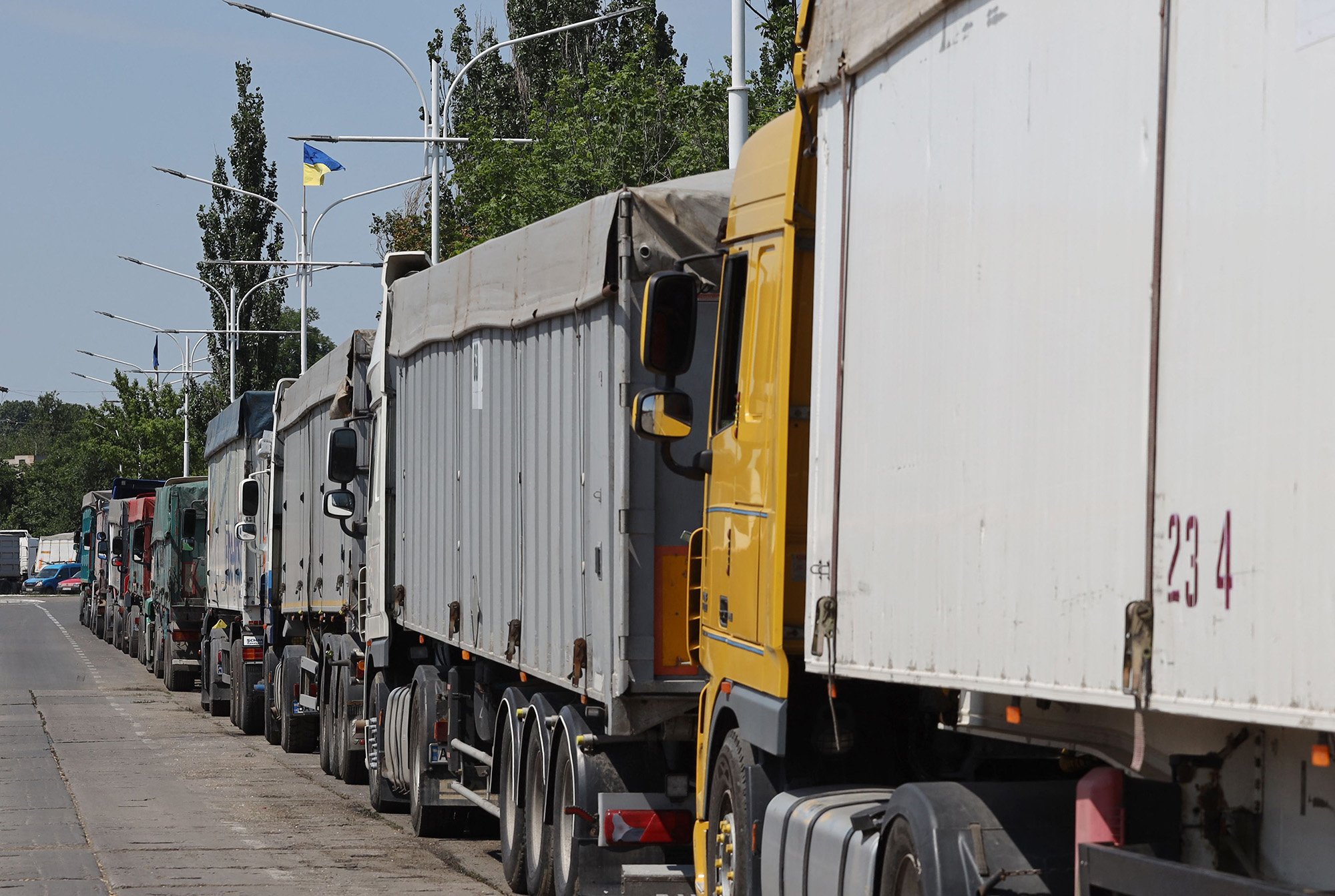 Trucks loaded with grain wait in a queue near Izmail, in the Odesa region, Ukraine on June 14.