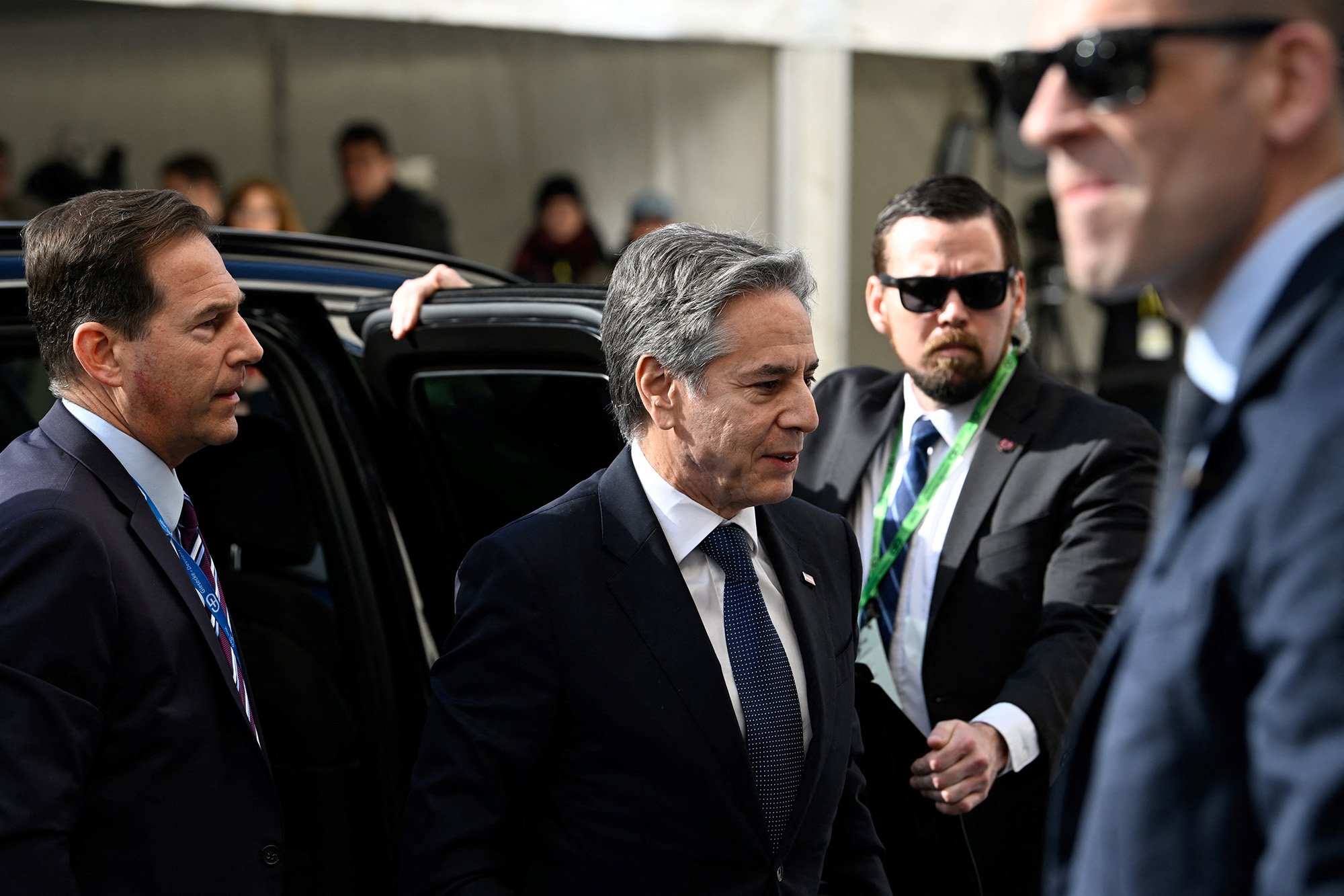 US Secretary of State Antony Blinken arrives at the Bayerischer Hof Hotel in Munich, Germany, on February 16.