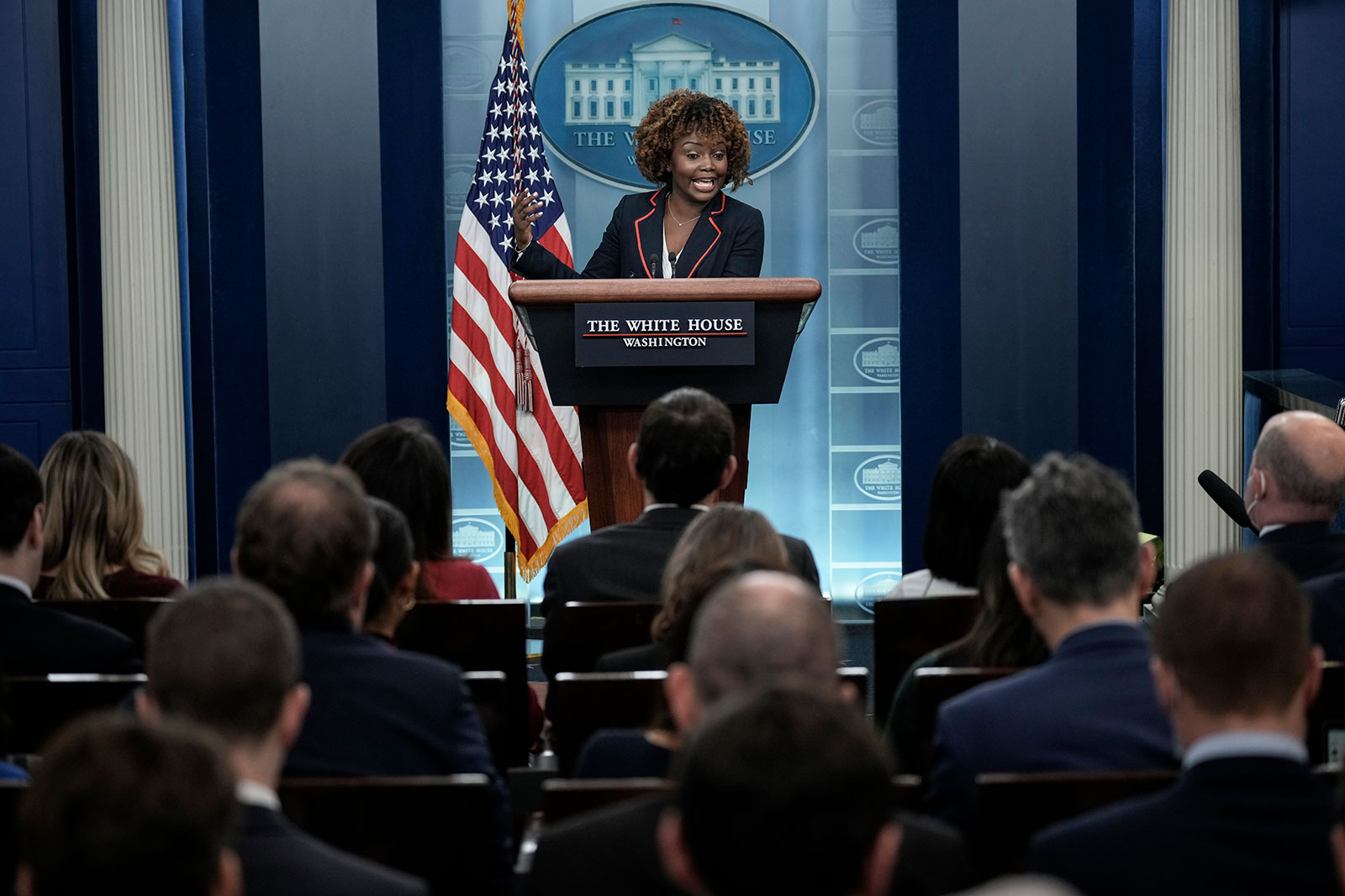 White House Press Secretary Karine Jean-Pierre speaks during the daily press briefing at the White House on February 16.