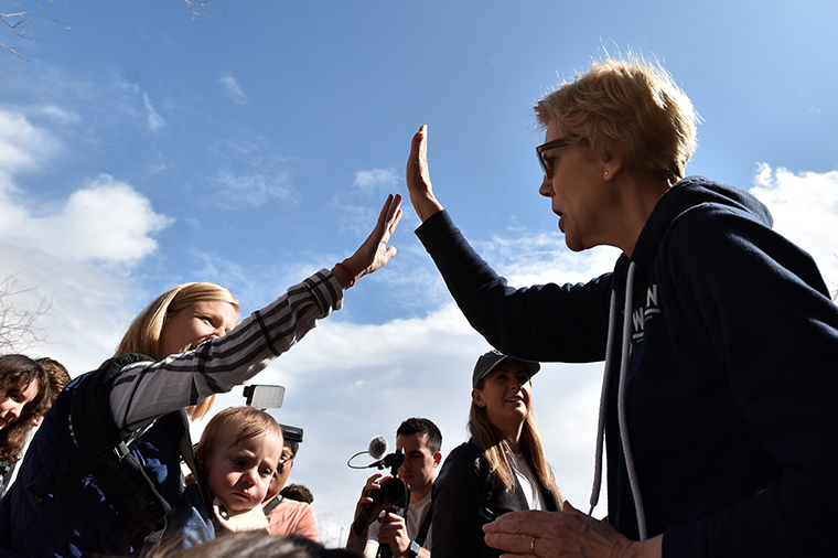 Democratic presidential candidate Sen. Elizabeth Warren greets supporters during a visit to a caucus site at Coronado High School on Saturday, February 22, in Henderson, Nevada.