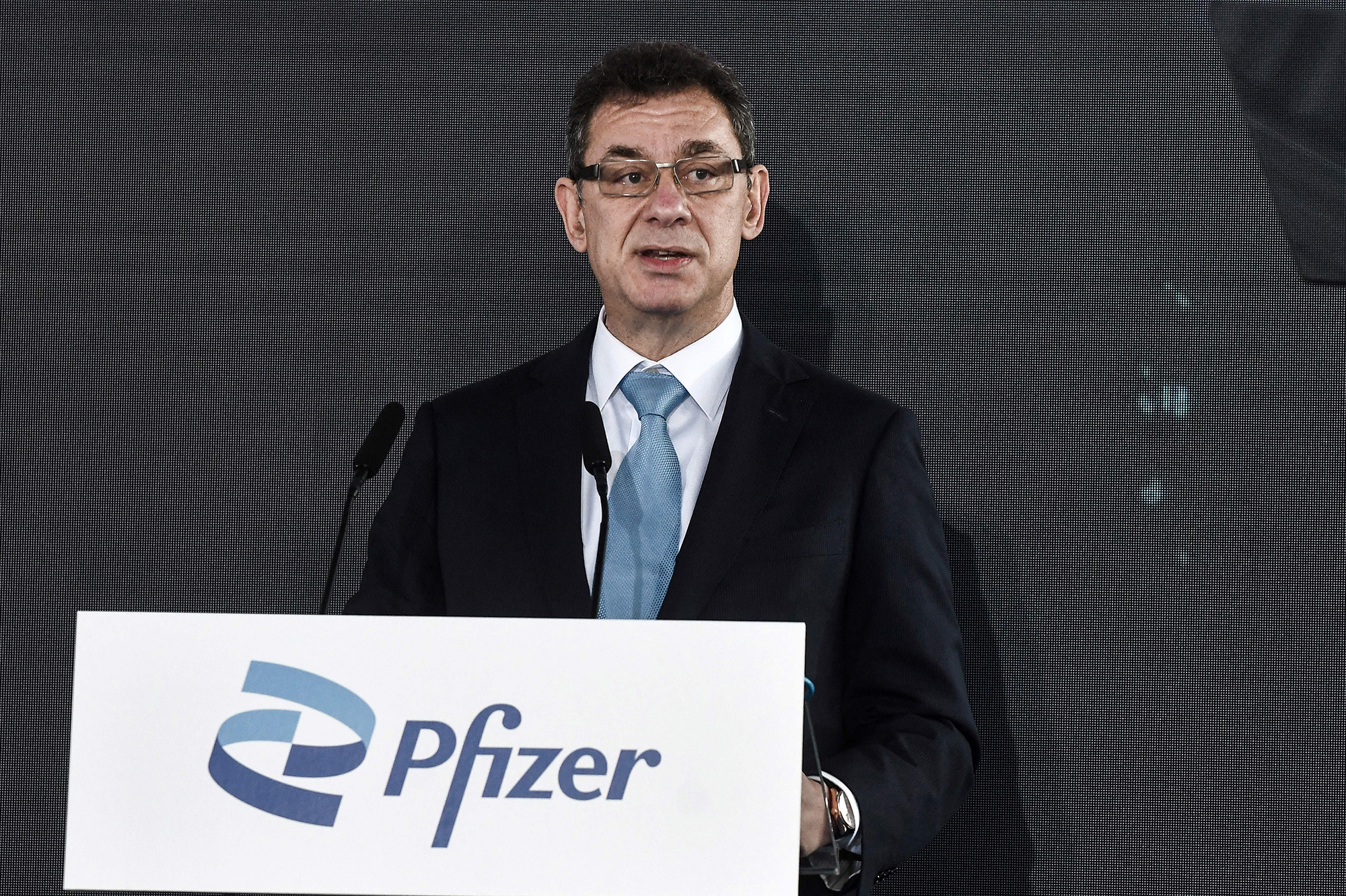 Pfizer CEO Albert Bourla delivers a speech in Thessaloniki, Greece, on October 12. 