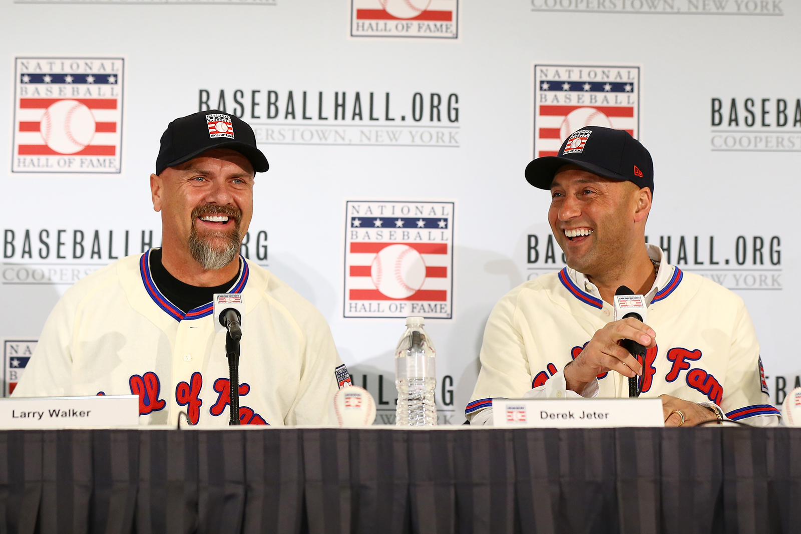 Larry Walker and Derek Jeter speak to the media after being elected into the National Baseball Hall of Fame Class of 2020 on January 22, in New York City. 