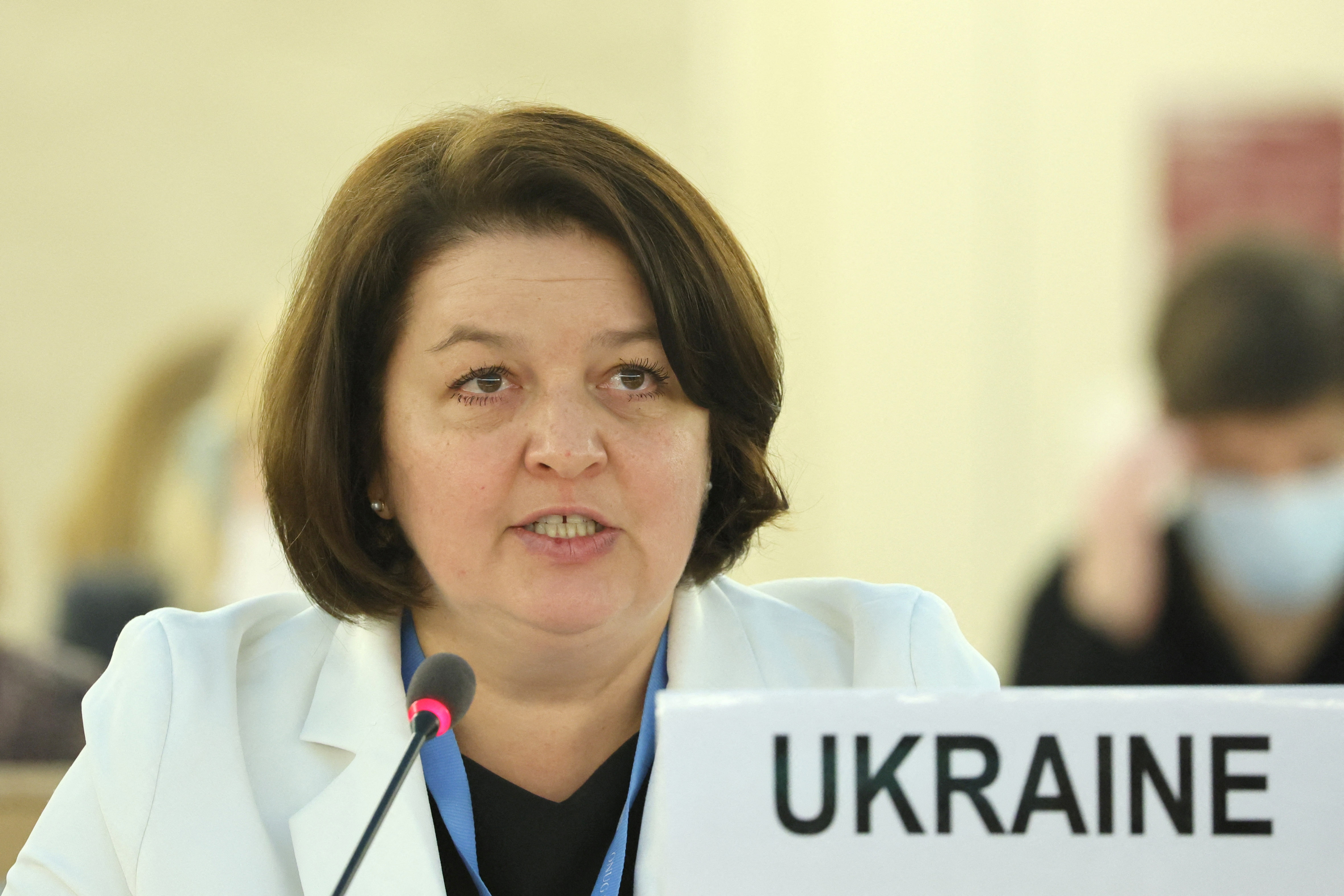 Ukraine's ambassador Yevheniia Filipenko attends a special session of the Human Rights Council at the United Nations in Geneva, Switzerland, on March 4.