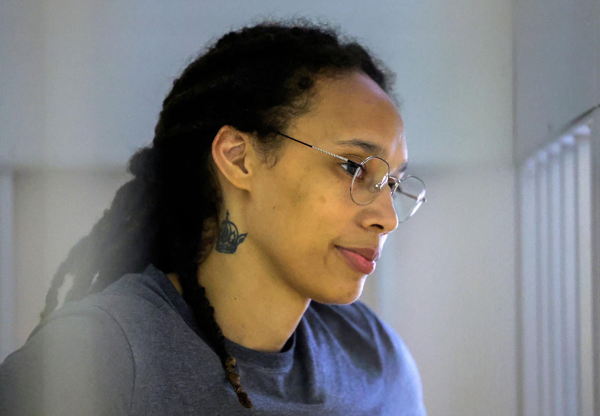 WNBA star Brittney Griner is seen during a hearing in Khimki outside Moscow, on August 4.