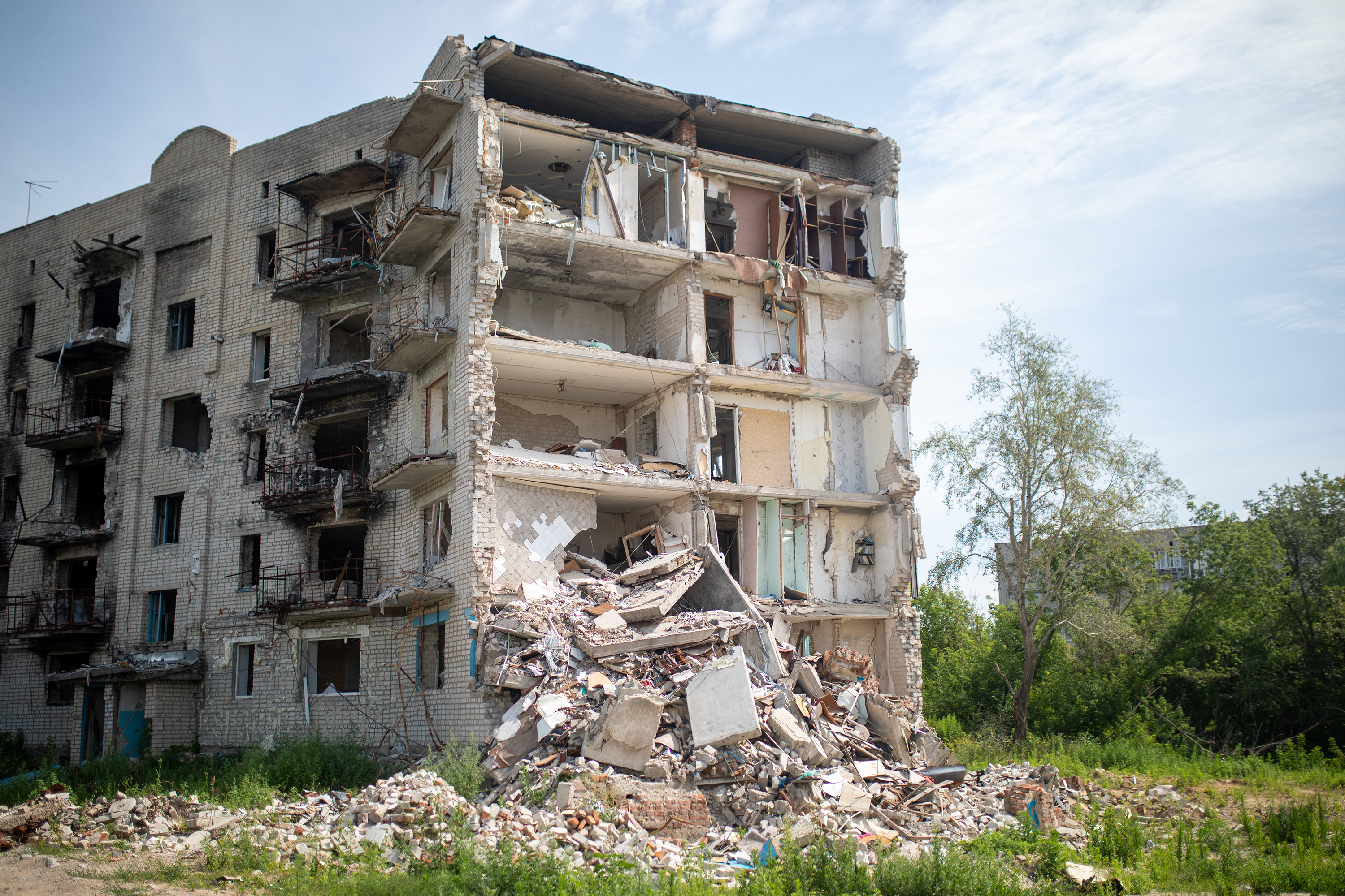 A view of debris of apartment complex, where 54 people were killed by Russian shelling, in Izium, Kharkiv Oblast, Ukraine on July 9.