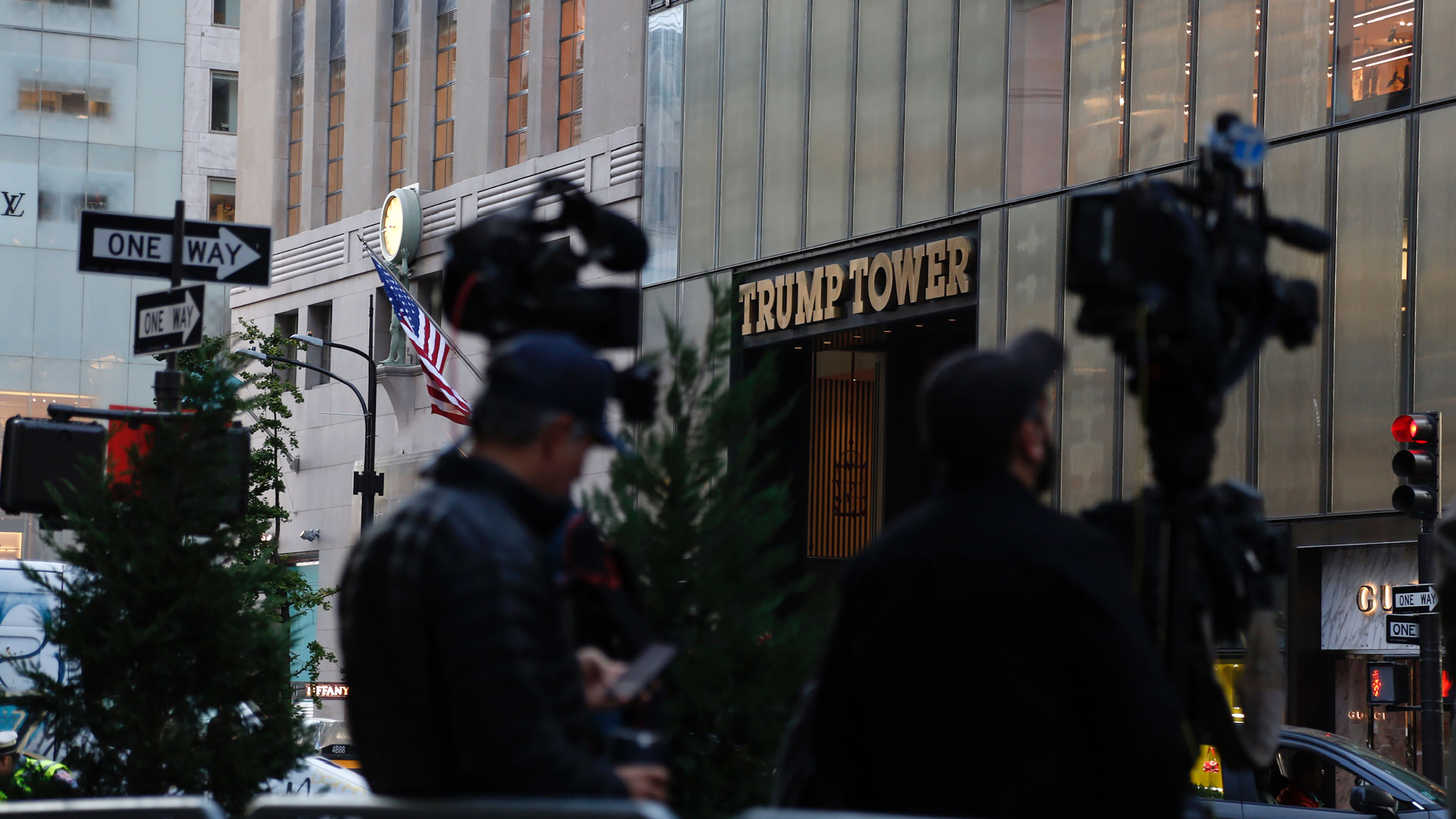 Media set up outside of the Trump Tower in New York on Monday.