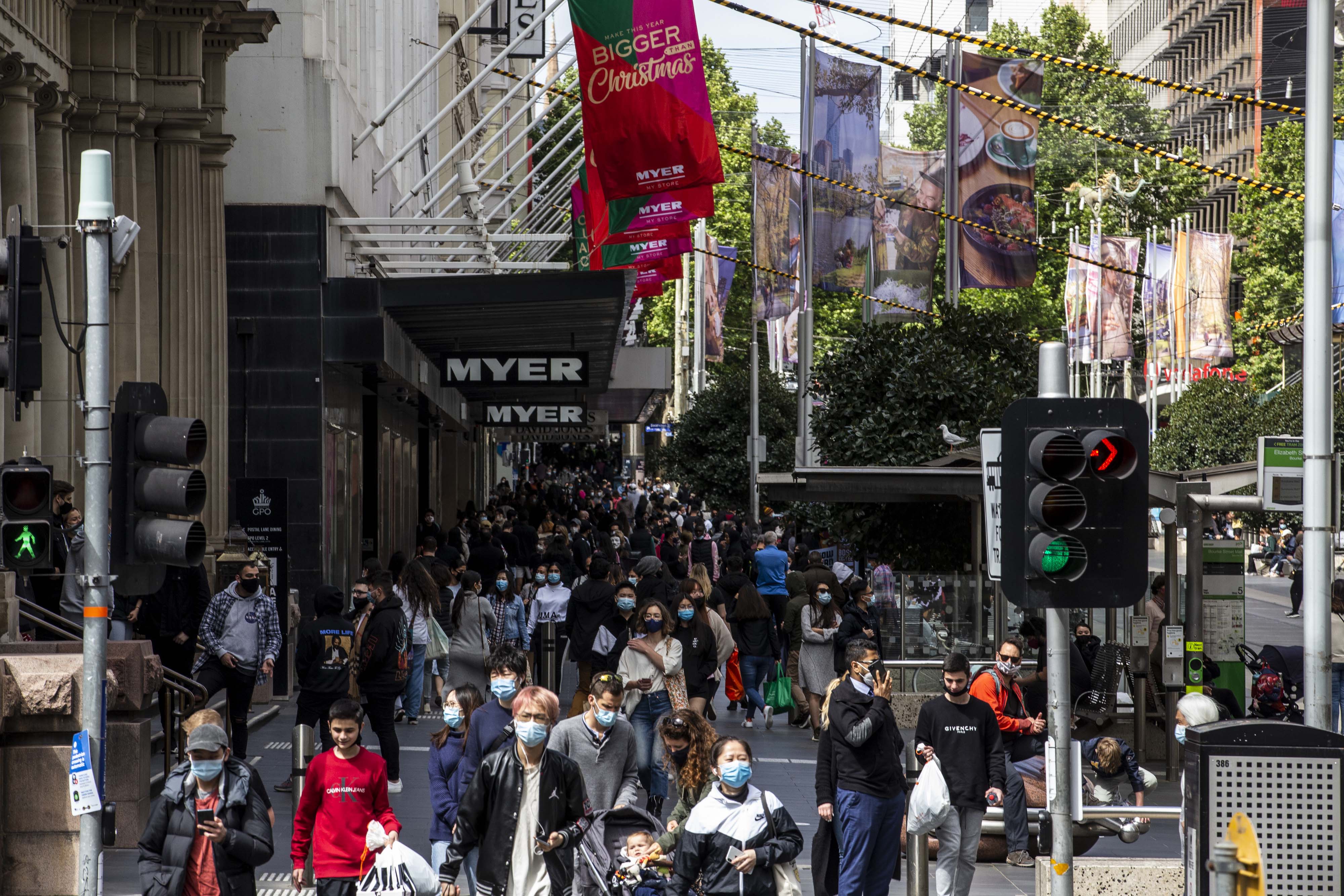 A view of a crowded Bourke Street mall in Victoria where it has recorded no new coronavirus cases or deaths for an eighth consecutive day on November 7. 