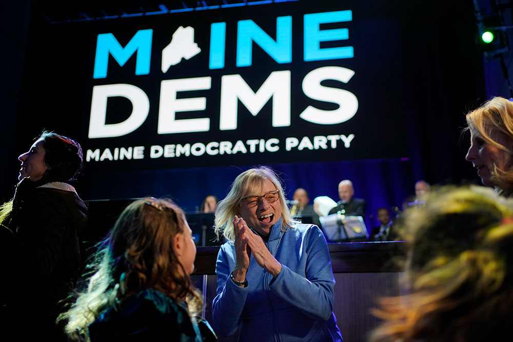 Mills dances at her election night party on Tuesday, November 8, in Portland, Maine. 