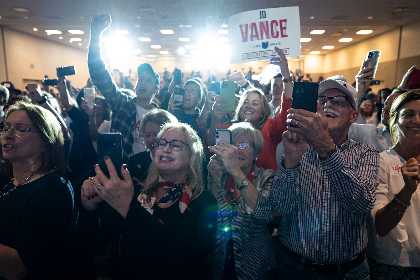 Supporters cheer as Republican Senate candidate J.D. Vance arrives onstage after winning the primary at an election night event in Cincinnati, Ohio, on May 3. 
