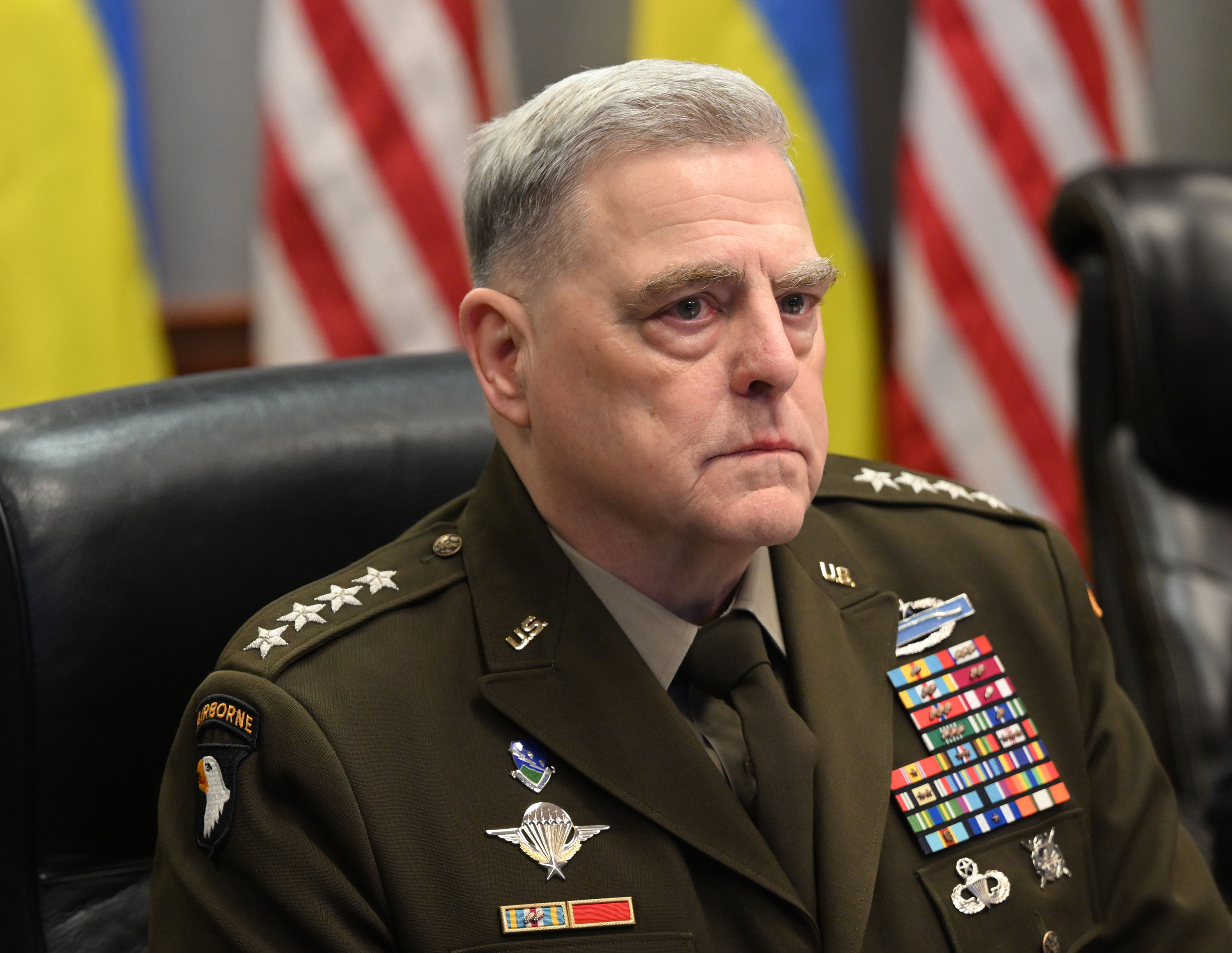 Joint Chiefs Chair Gen. Mark Milley attends a virtual meeting of the Ukraine Defense Contact Group at the Pentagon in Arlington, Virginia, on March 15. 