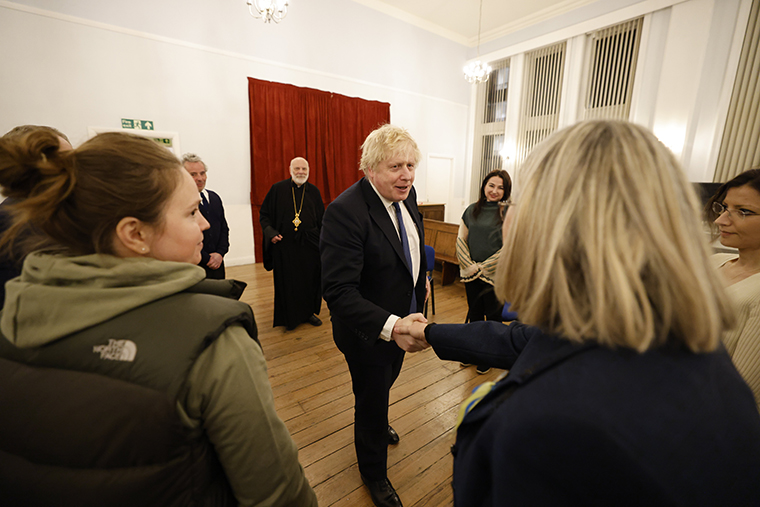 Boris Johnson met members of the Ukrainian community on February 27 at the Ukrainian Catholic Cathedral in Mayfair, London, England. 