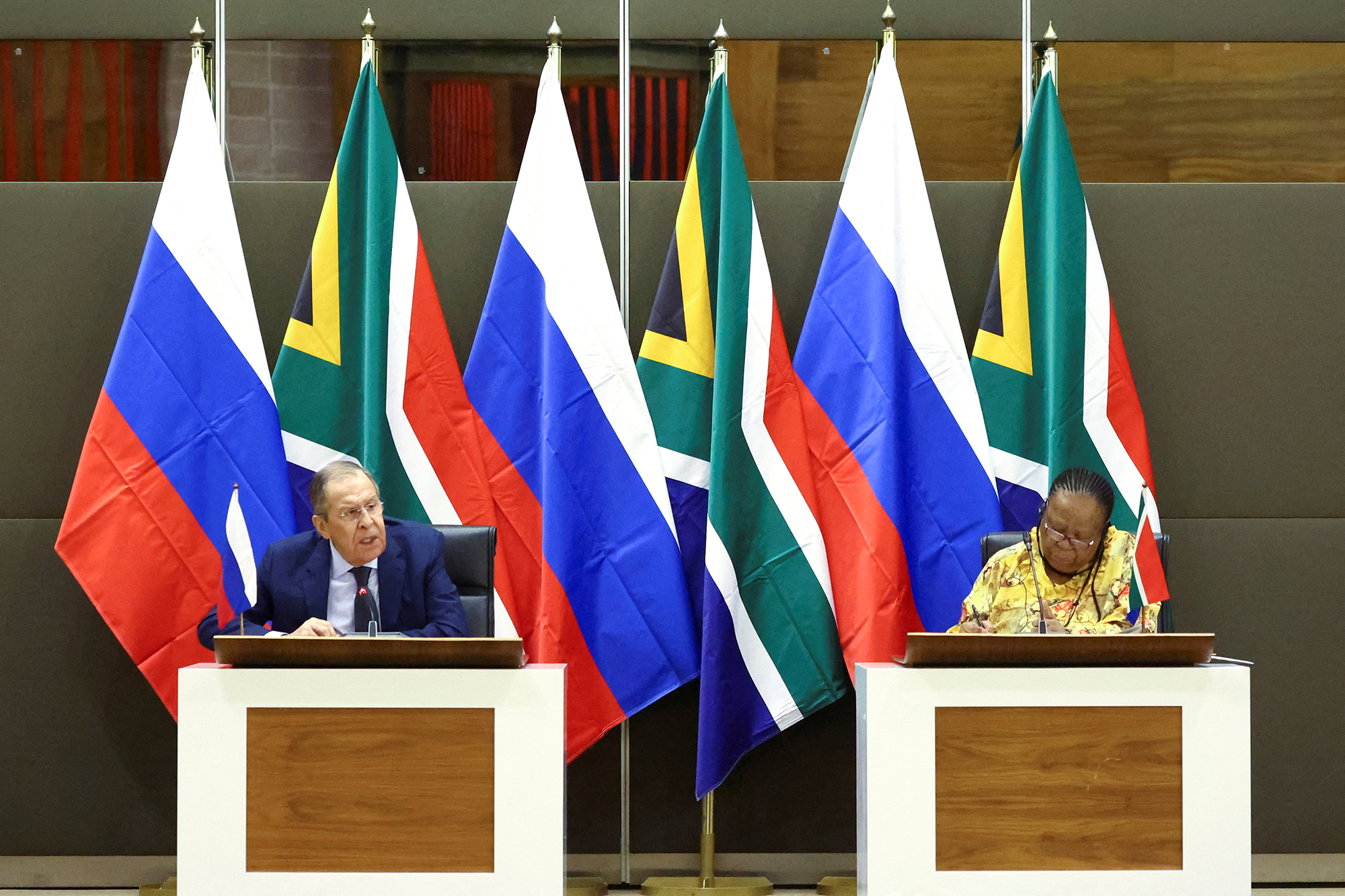 South Africa's Foreign Minister Naledi Pandor, right, and Russia's Foreign Minister Sergei Lavrov attend a media briefing, in Pretoria, South Africa, on January 23.