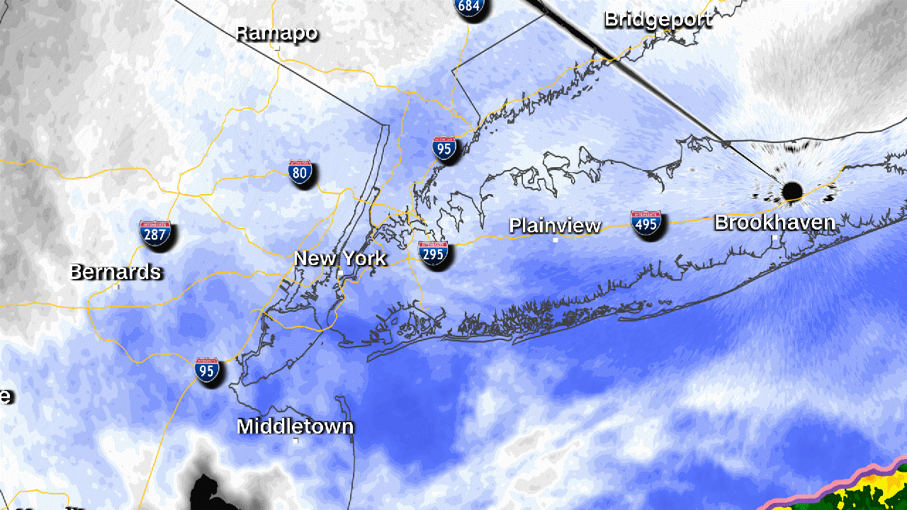 Radar shows snow that is falling in white with darker blues representing even heavier snow that is falling.