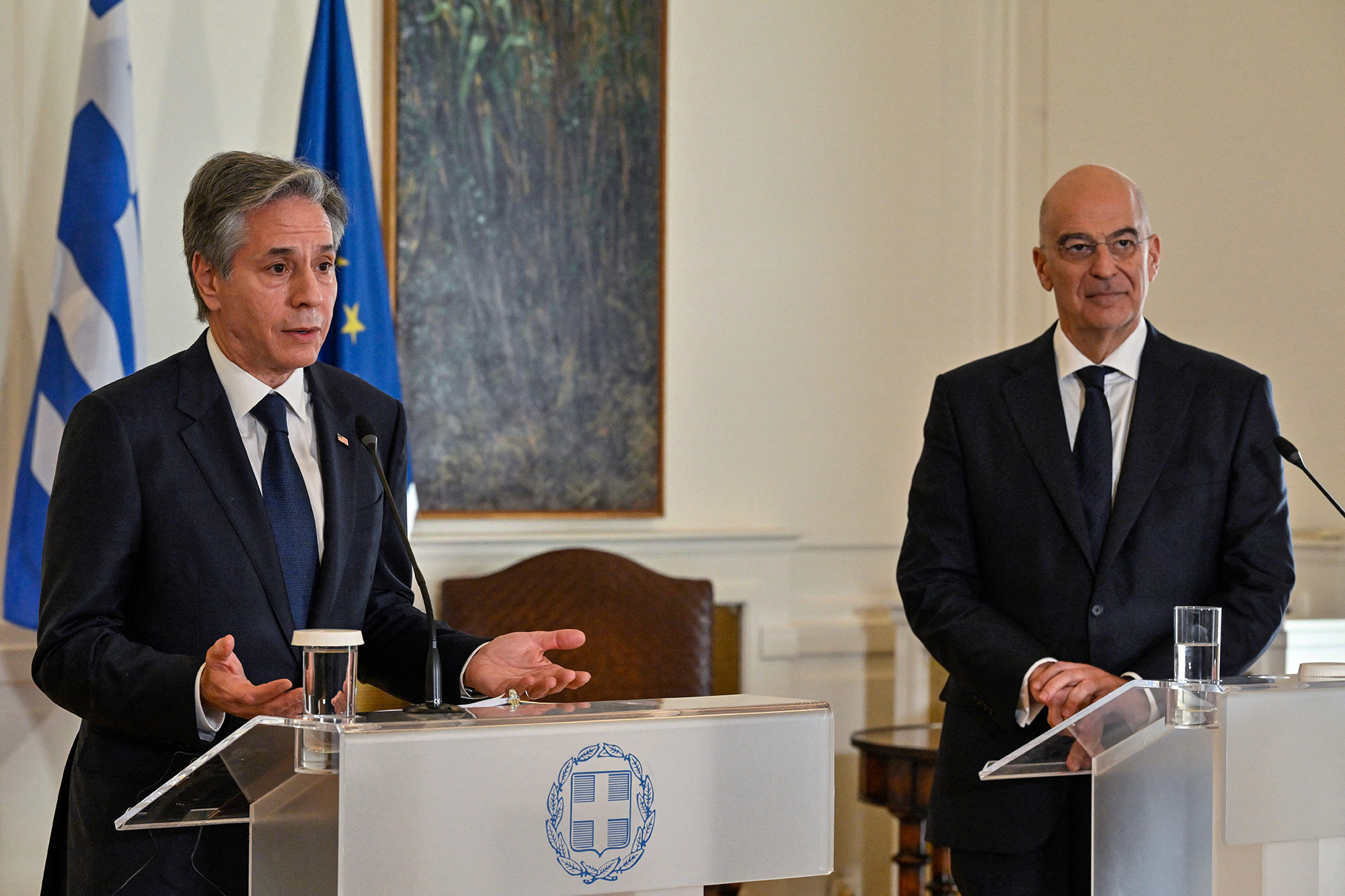US Secretary of State Antony Blinken, left, speaks during a news conference with Greek Foreign Affairs Minister Nikos Dendias, in Athens, Greece, on February 21.