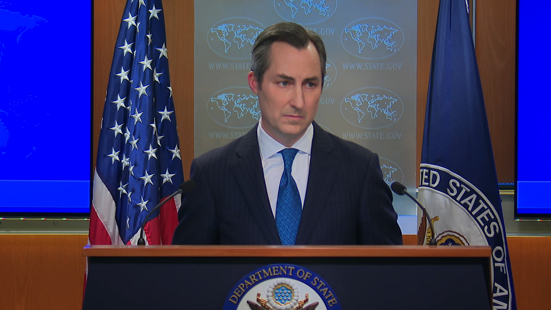 US State Department spokesperson Matthew Miller speaks to the media on Monday.