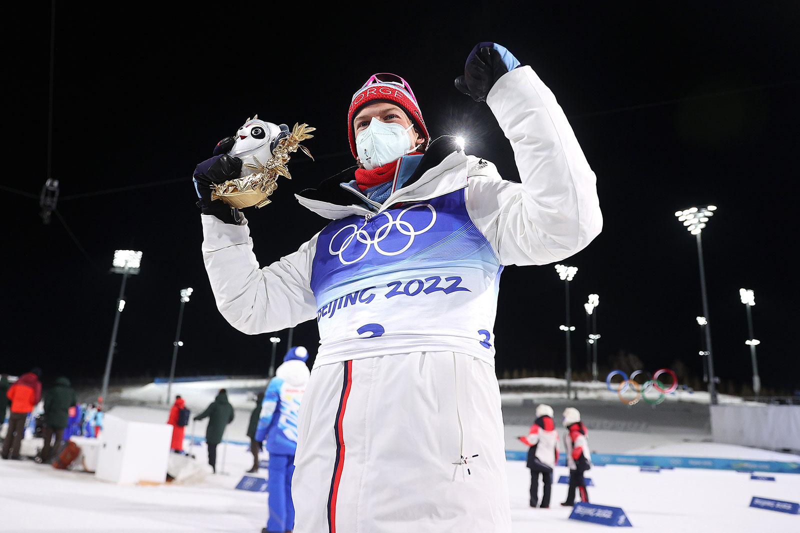 Norwegian Johannes Klæbo celebrates after winning the men's cross-country freestyle sprint on Tuesday.