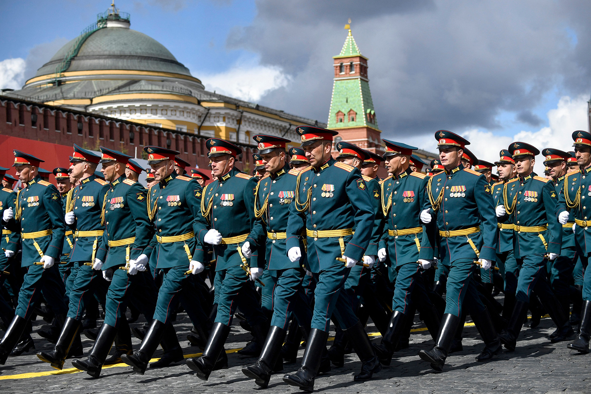 Russian servicemen march on Red Square during the Victory Day military parade in central Moscow, Russia, on May 9.