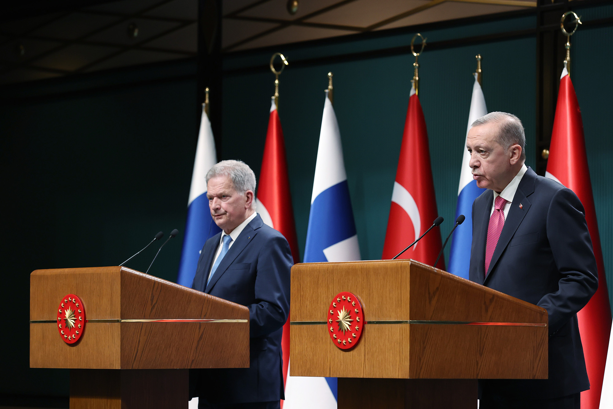 Turkish President Recep Tayyip Erdogan, right, and Finnish President Sauli Niinisto hold a joint press conference at Presidential Complex in Ankara, Turkey, on March 17.