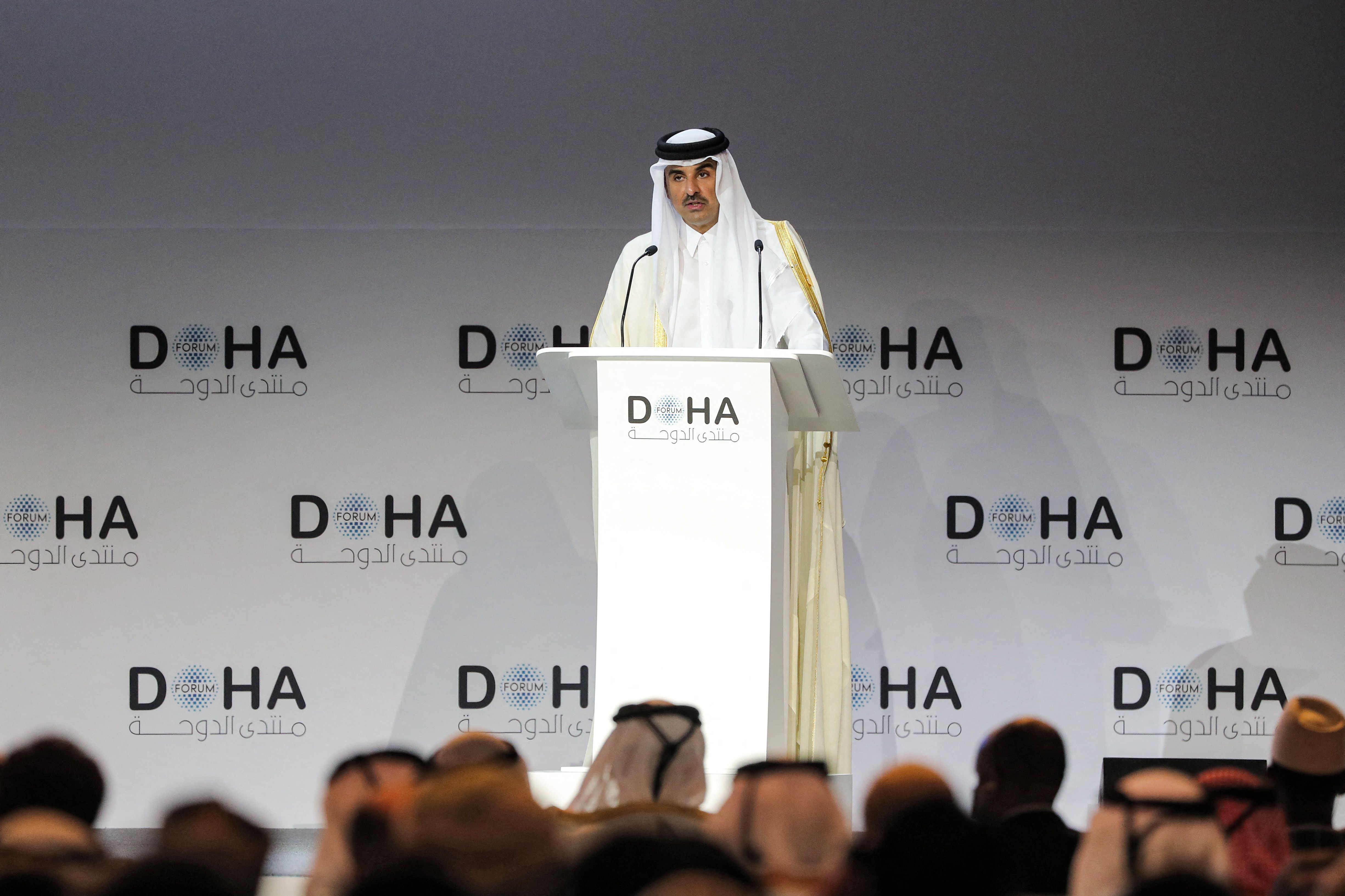 Qatar's Emir Sheikh Tamim bin Hamad al-Thani addresses the Doha Forum in Qatar's capital on March 26.