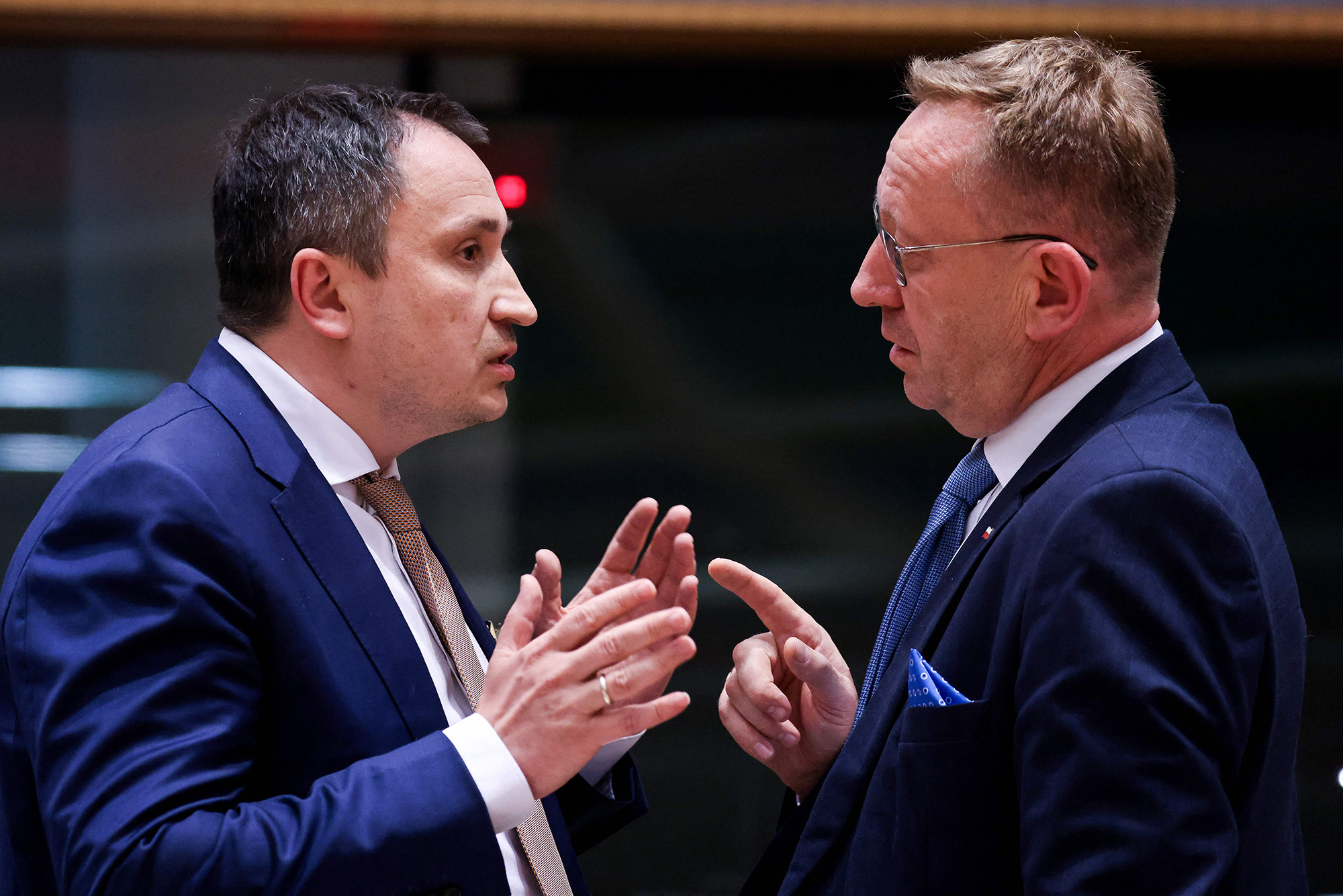 Ukraine's Minister of Agrarian Policy and Food, Mykola Solskyi, left, speaks with Poland's Minister for Agriculture, Robert Telus at the EU headquarters in Brussels, Belgium, on May 30.