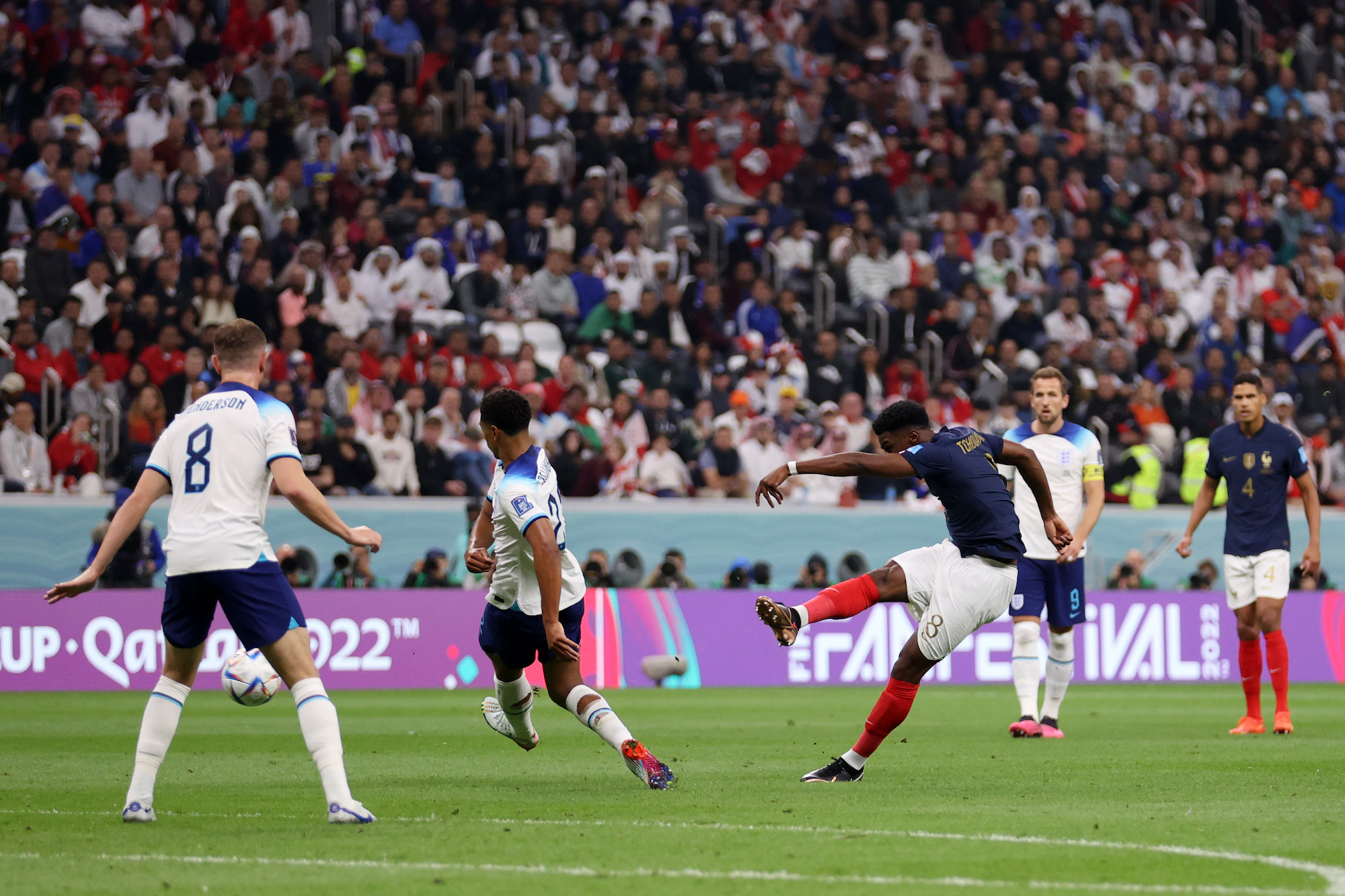 Aurélien Tchouaméni of France scores the team's first goal against England Al Bayt Stadium.