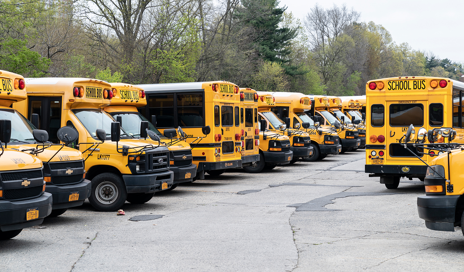 School buses stand idle on the parking lot of the Bronx borough during COVID-19 pandemic as seen on Wednesday, April, 29.