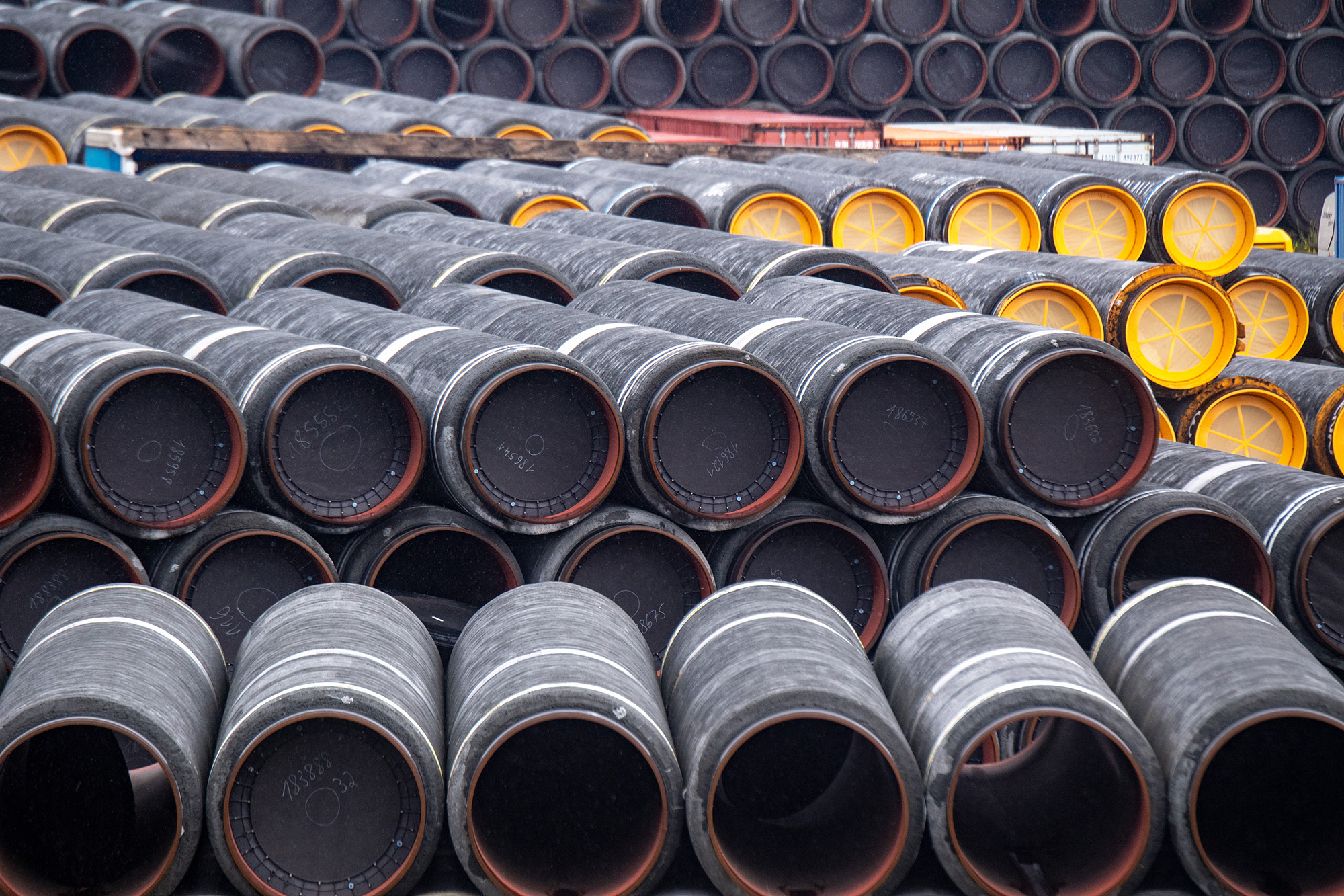 Unused pipes for the Nord Stream 2 Baltic gas pipeline are stored on the site of the Port of Mukran, Mecklenburg-Western Pomerania, Germany, on September 27. 