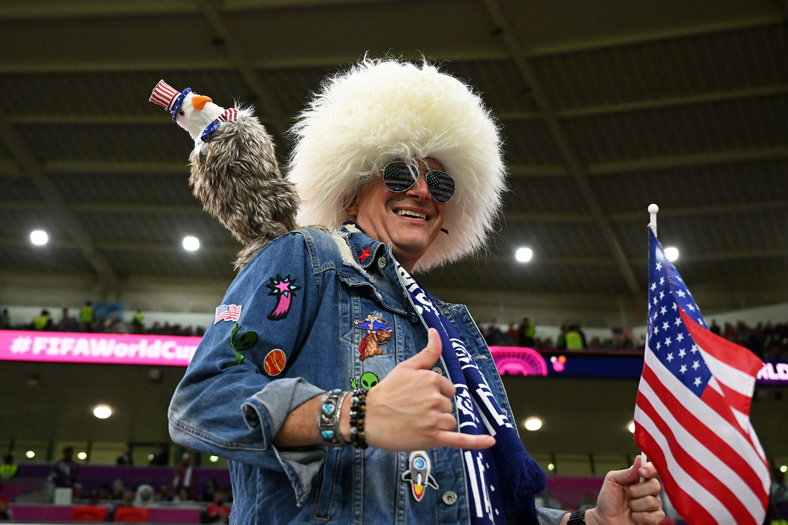 Rock and roll! A USA fan is seen before the match between USA and Wales on November 21.