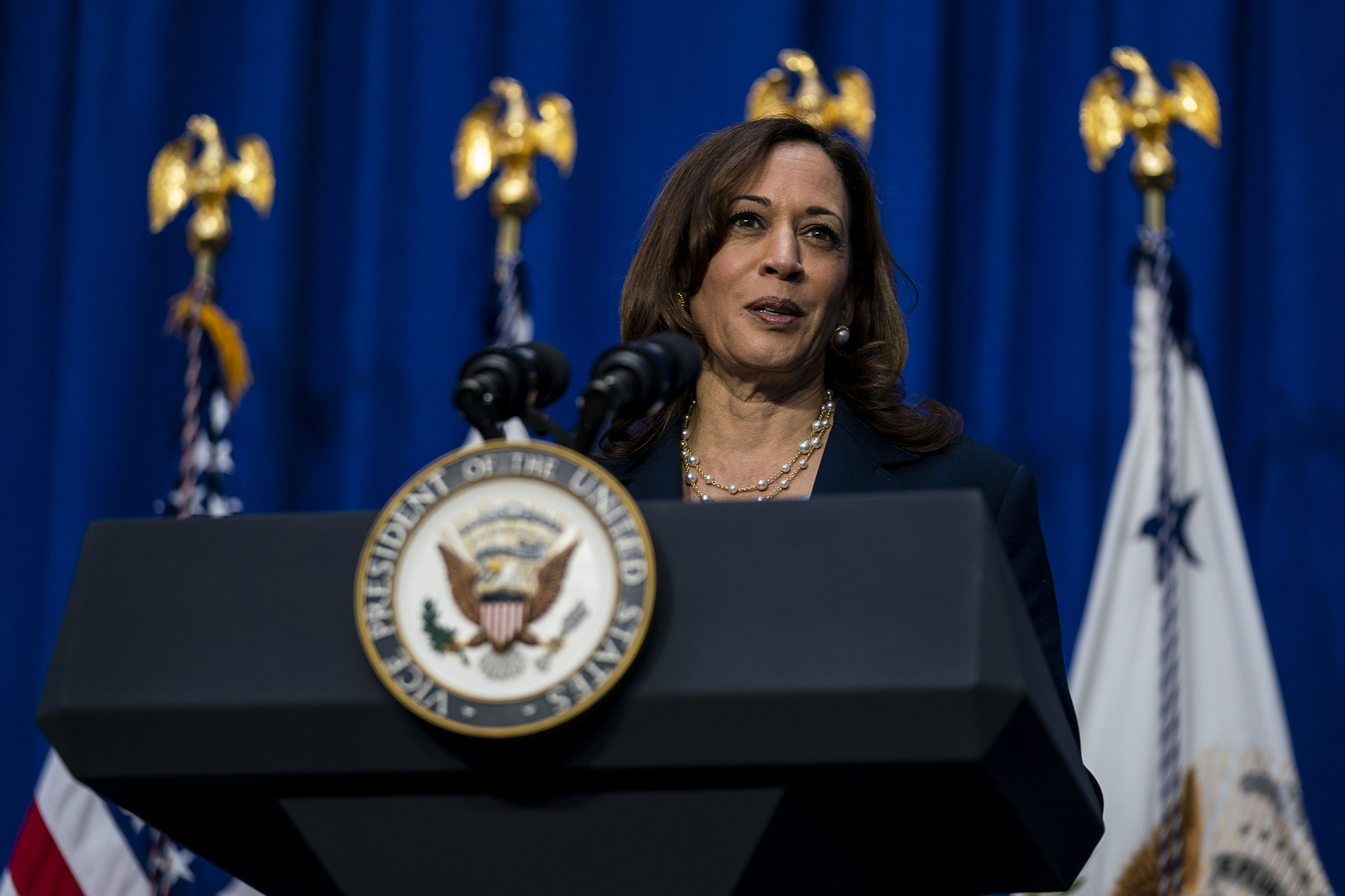 Vice President Kamala Harris delivers remarks following a visit with expecting families and caregivers at UCSF Mission Bay on April 21, in San Francisco, CA.