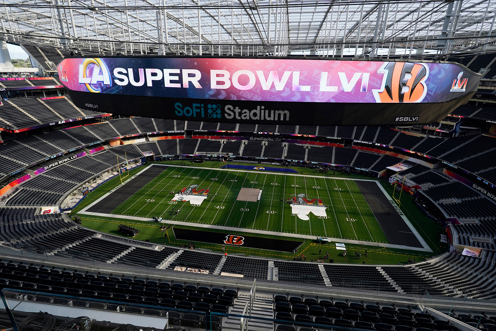 The interior of SoFi Stadium is seen days before the Super Bowl NFL football game on February 8, in Inglewood, California