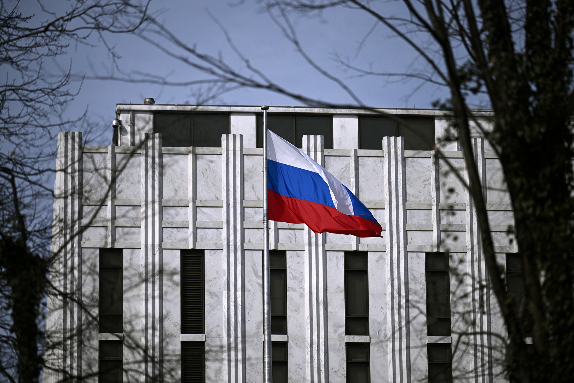 The Russian flag flies in front of the country's embassy in Washington, DC, on February 16. 
