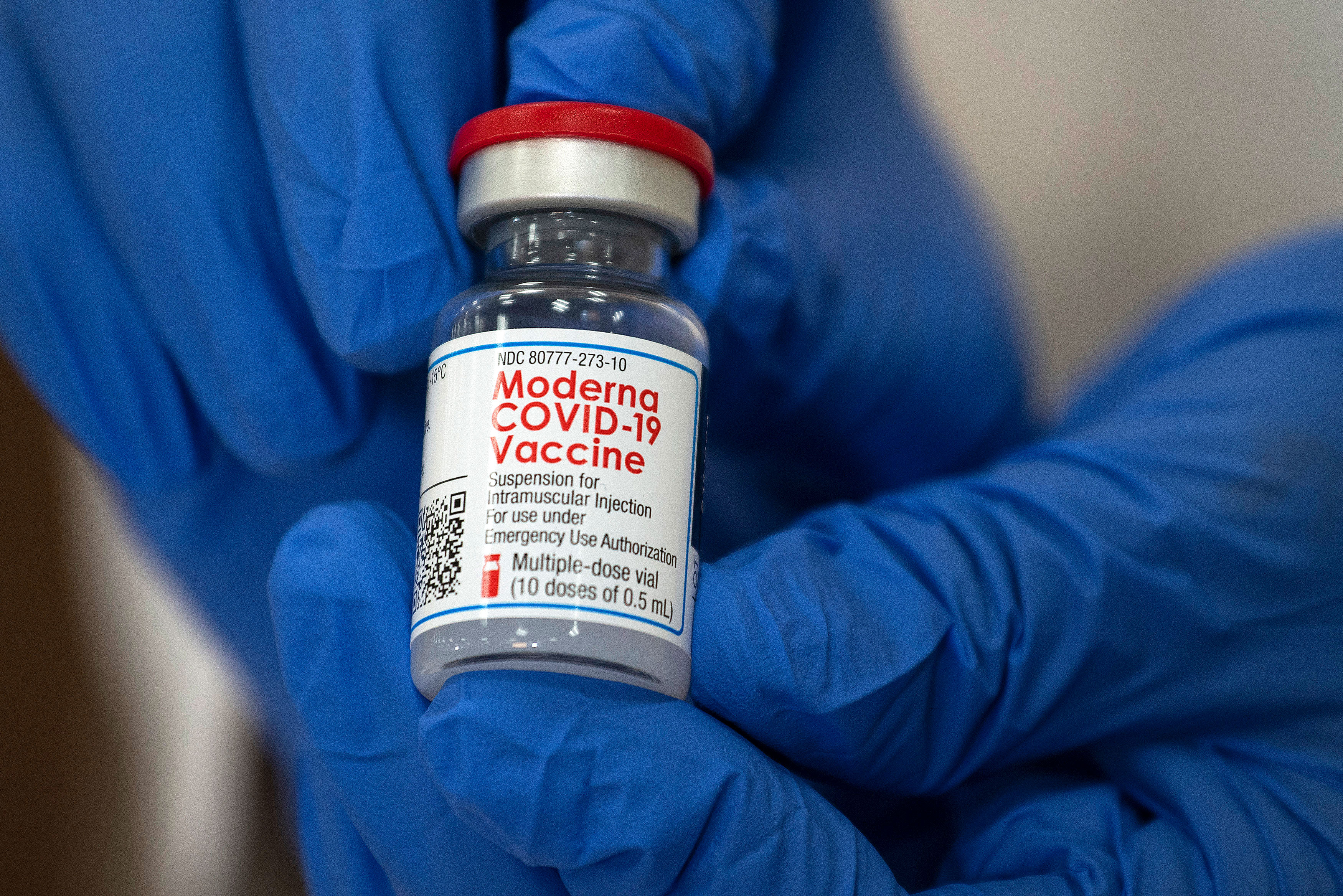 A vial of the Moderna Covid-19 vaccine is pictured at a hospital in Valley Stream, New York, on December 21.