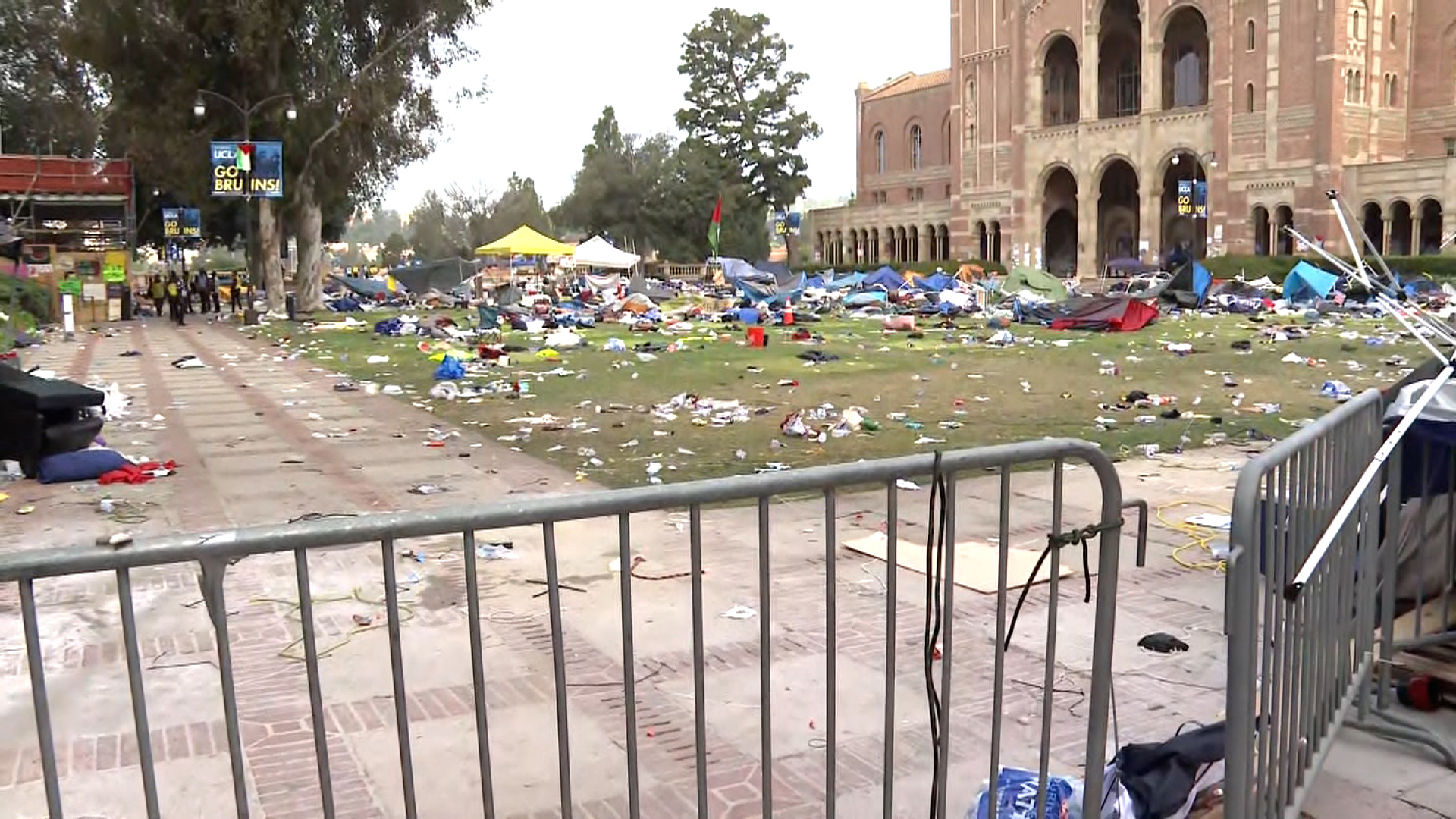 Tents and debris left behind by protesters are seen on UCLA’s campus on Thursday morning.