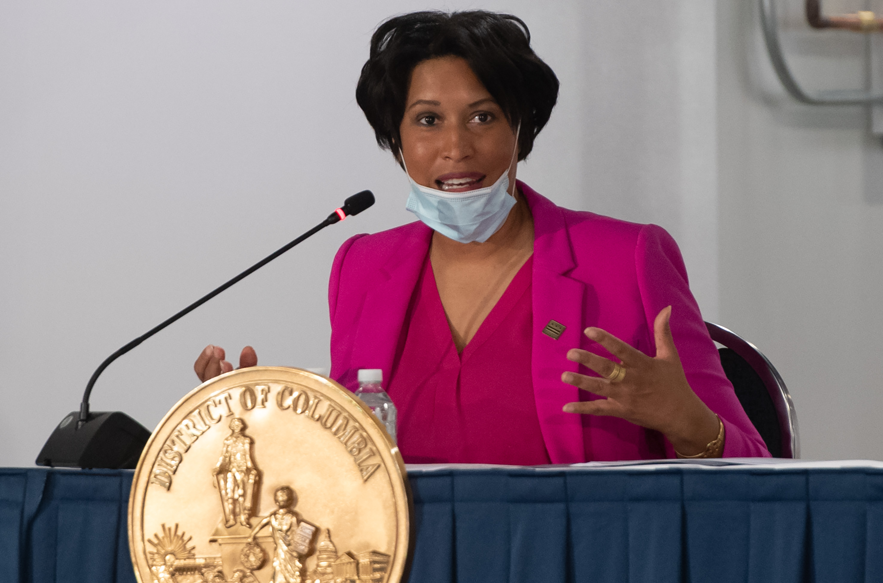 Mayor Muriel Bowser of Washington, DC, speaks during a press conference at a temporary field hospital at the Walter E. Convention Center in Washington, DC on May 11.