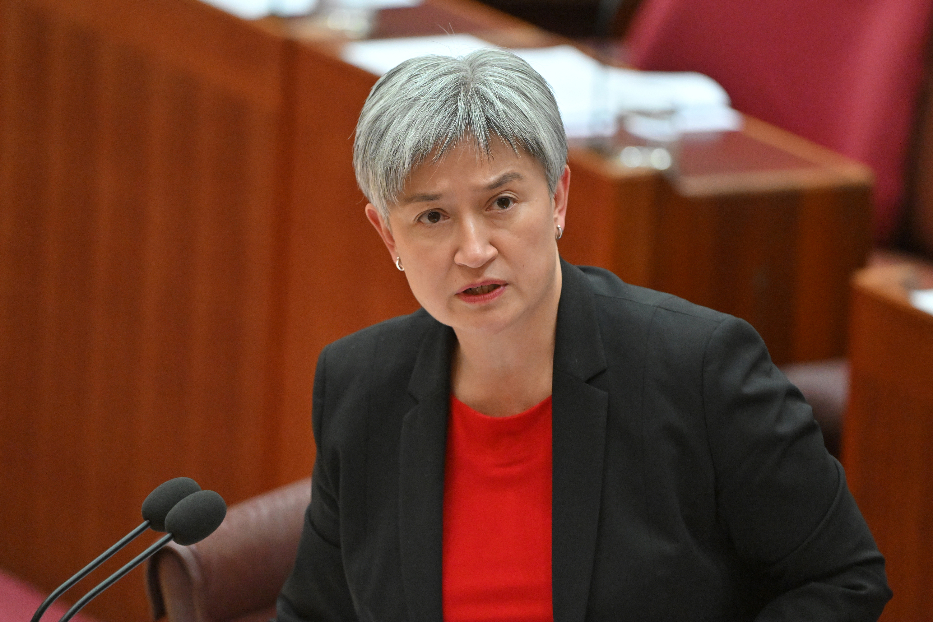 Australia’s Foreign Minister Penny Wong speaks at Parliament House in Canberra, Australia, on December 5, 2023.