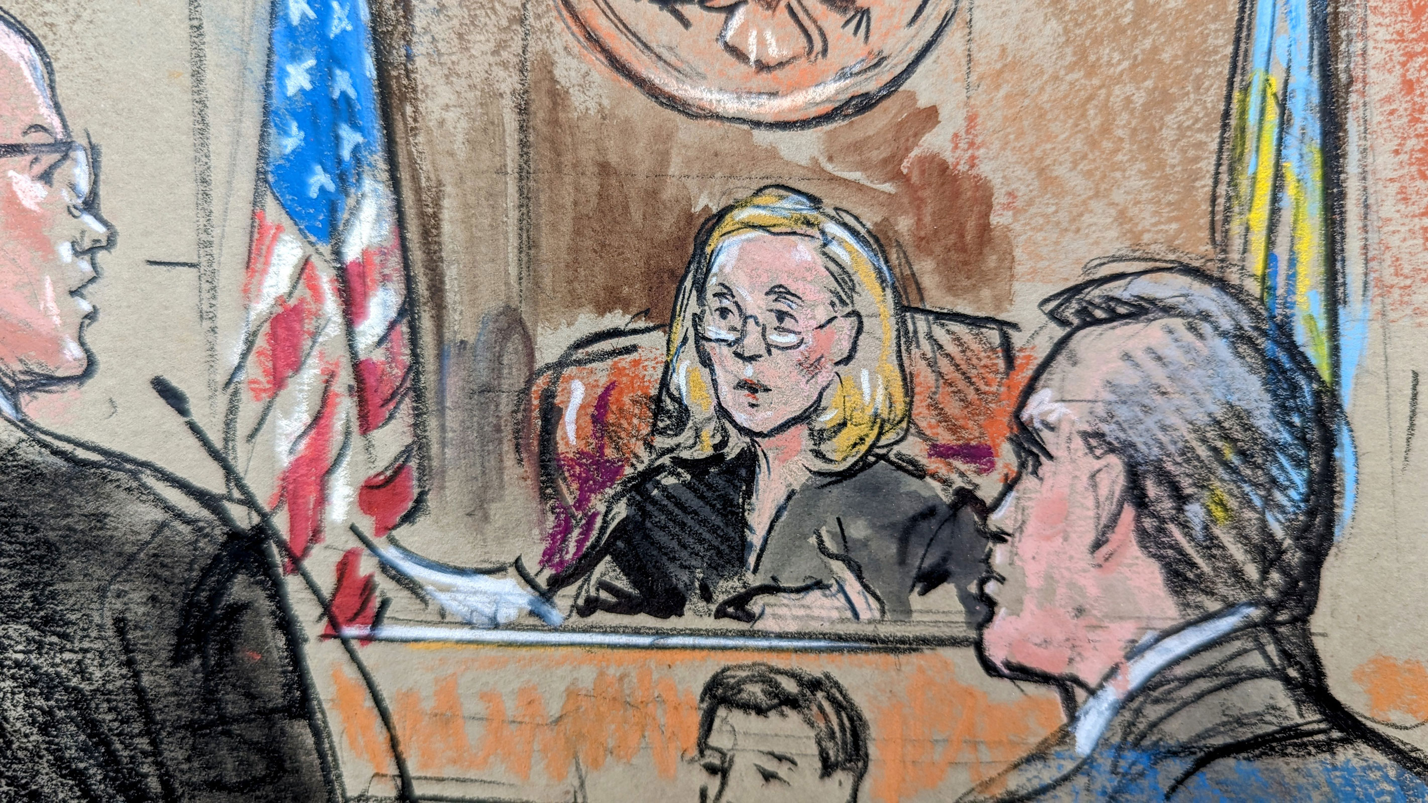 In this sketch from federal court, Judge Maryellen Noreika is seen during a plea hearing for Hunter Biden on two misdemeanor charges of willfully failing to pay income taxes in Wilmington, Delaware, on July 26.