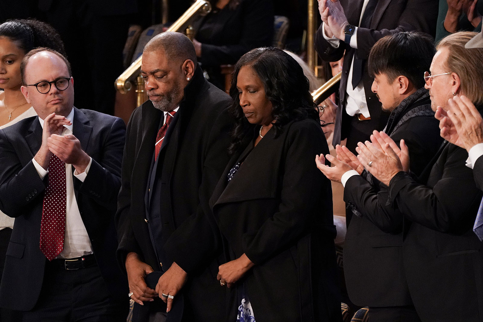 Rodney and RowVaugh Wells, the parents of Tyre Nichols, receive a standing ovation during Biden's speech.