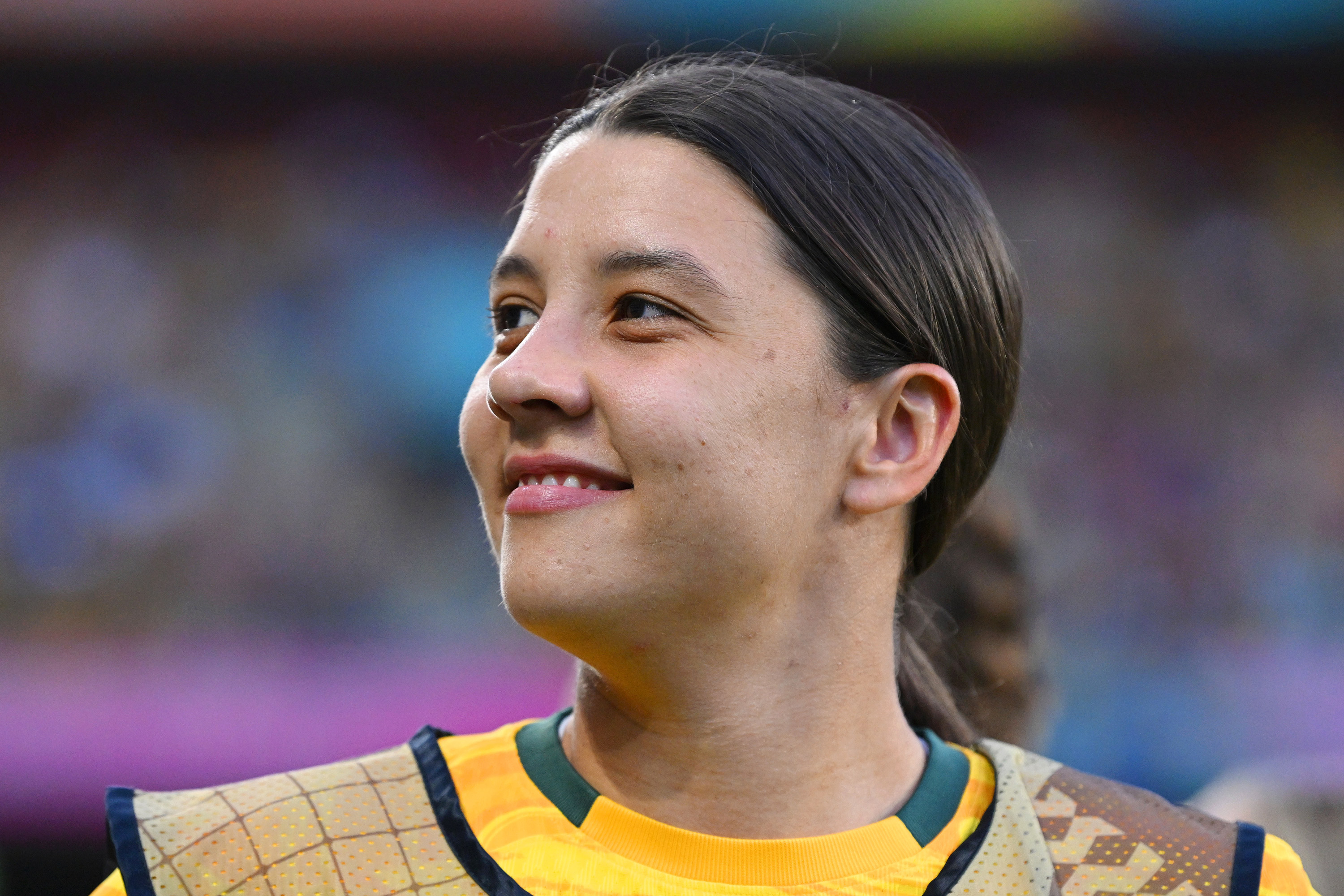 Sam Kerr of Australia is seen prior to the match against France on August 12, 2023.