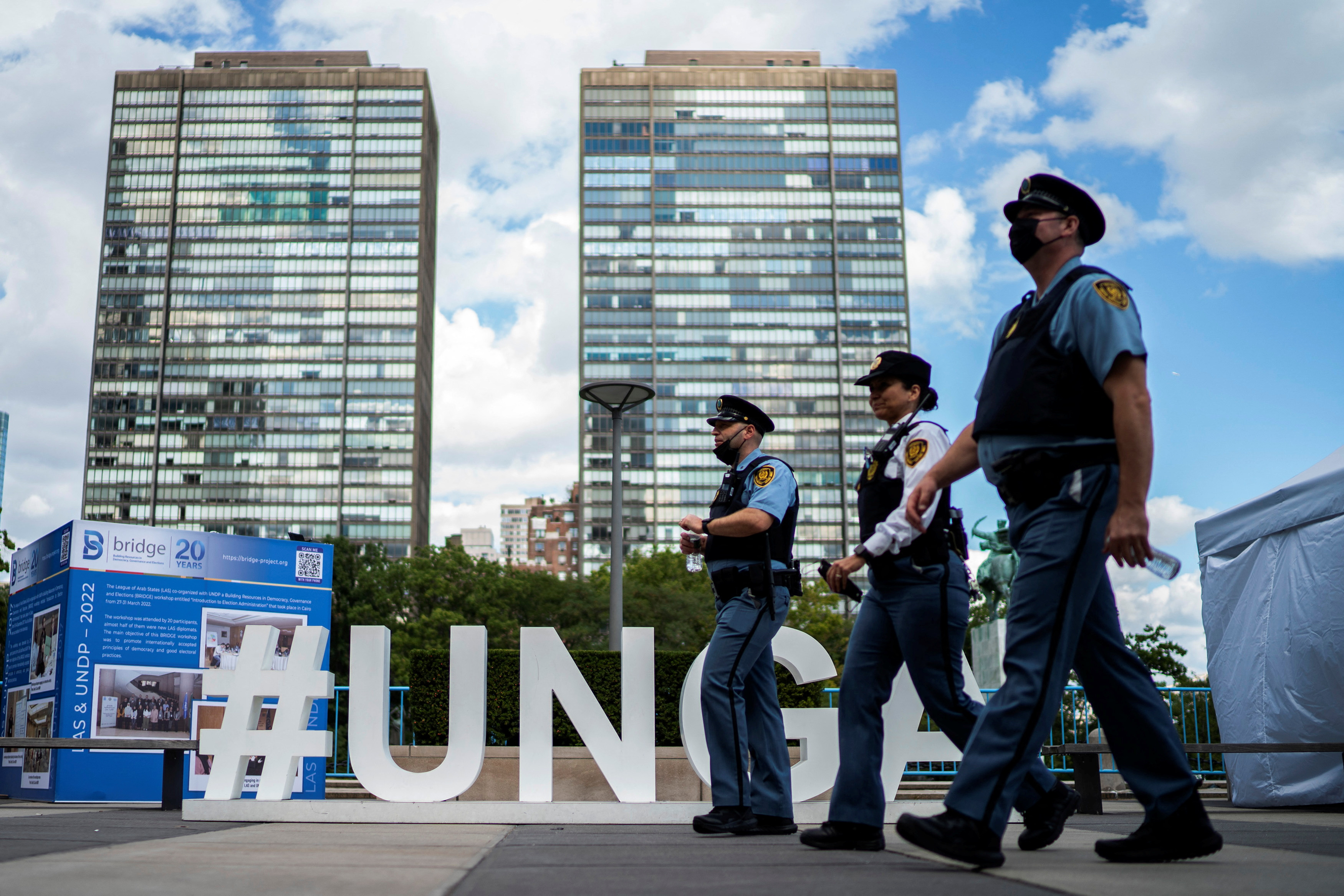 U.N. security members patrol outside the building during the 77th Session of the United Nations General Assembly at U.N. Headquarters in New York City.