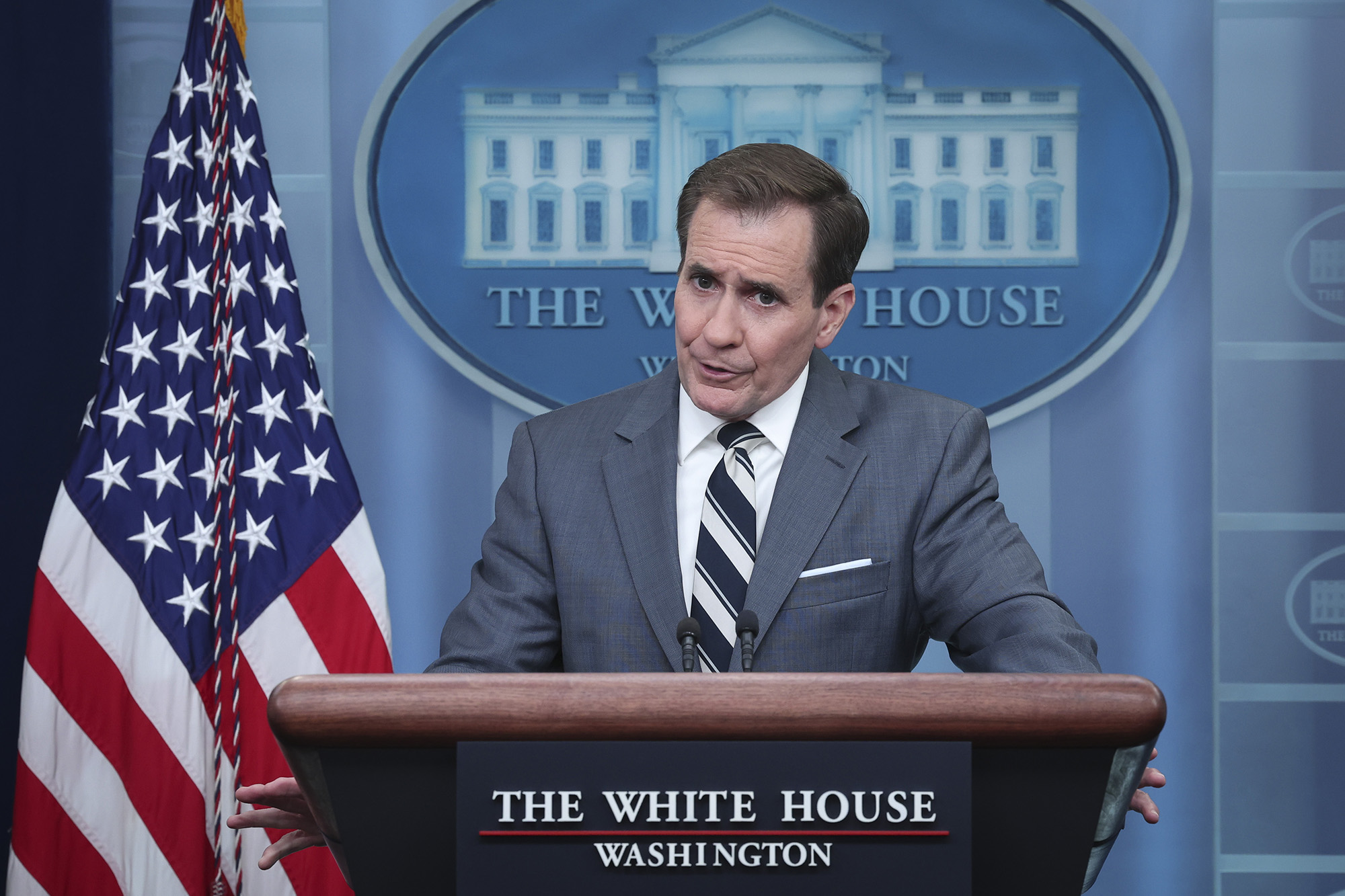 John Kirby, Coordinator for Strategic Communications at the National Security Council, answers questions during the daily press briefing at the White House on March 2, in Washington, DC.
